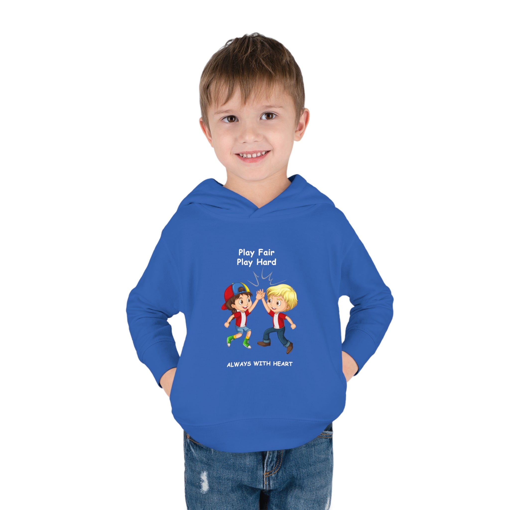 Boy Toddler wearing unisex Royal  hoodie with " Play Fair Play Hard Always with Heart" inspired graphic