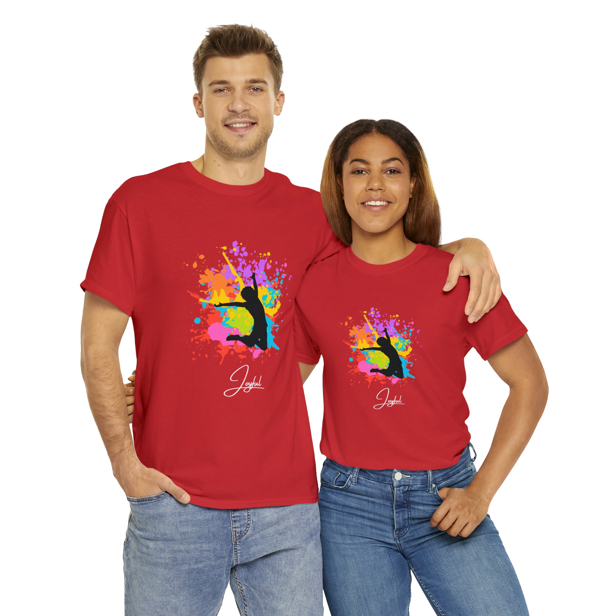 Adult Male and Female wearing red T-Shirts with" Joyful" inspired graphic on front.