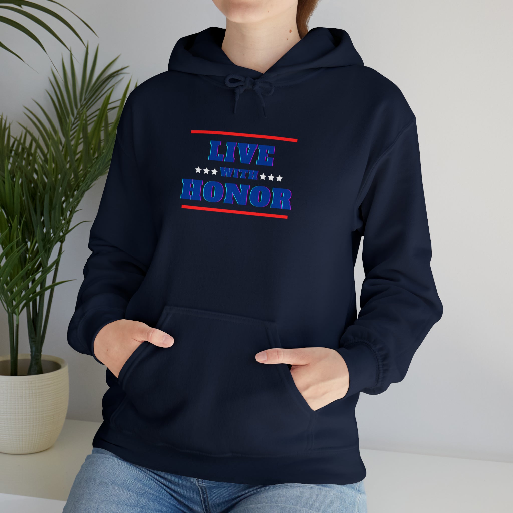 Adult female wearing navy hoodie " Live With Honor" inspired images