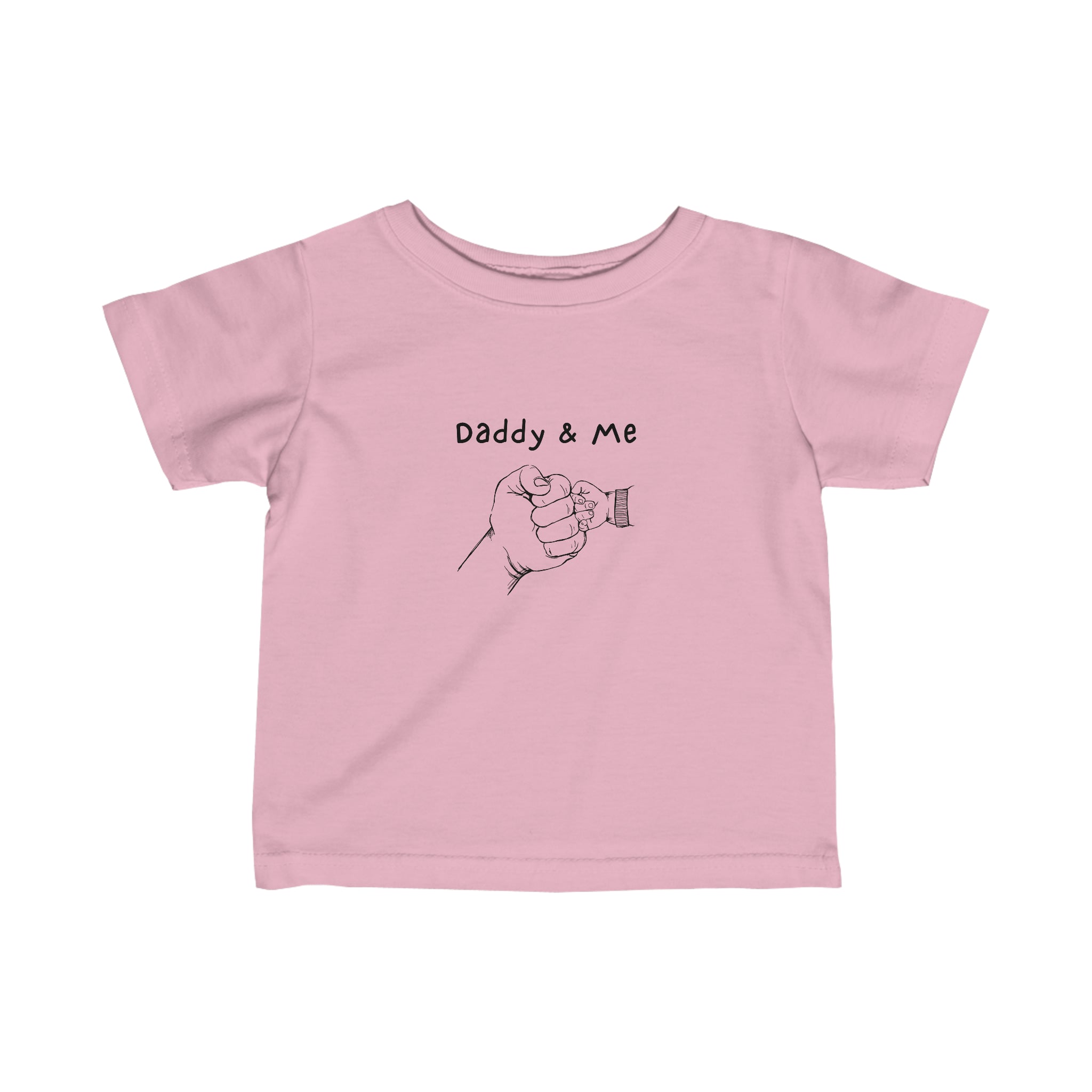 Infant unisex pink  T-Shirt with "Daddy & Me" inspired fist bump graphic on front.