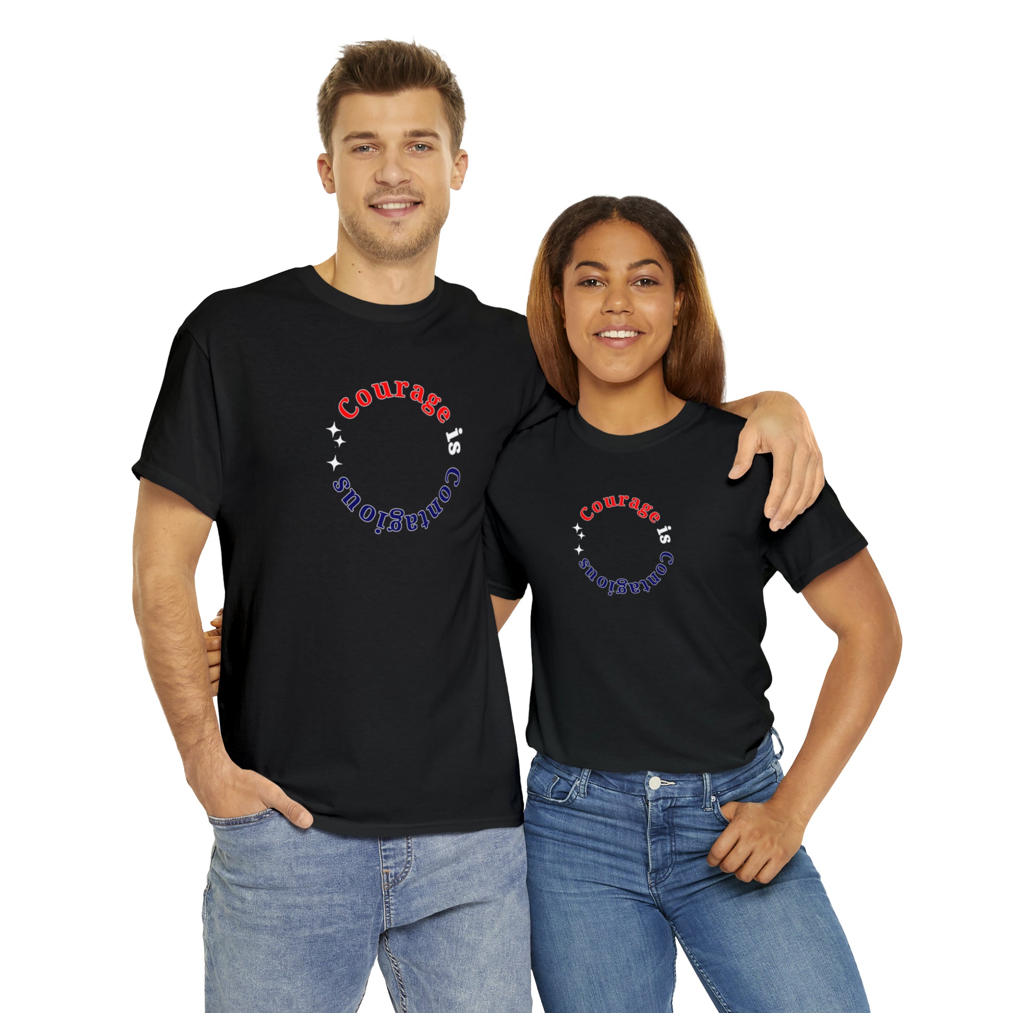 Adult Man and Women wearing black T-Shirt " Courage is Contagious" inspired message on front.