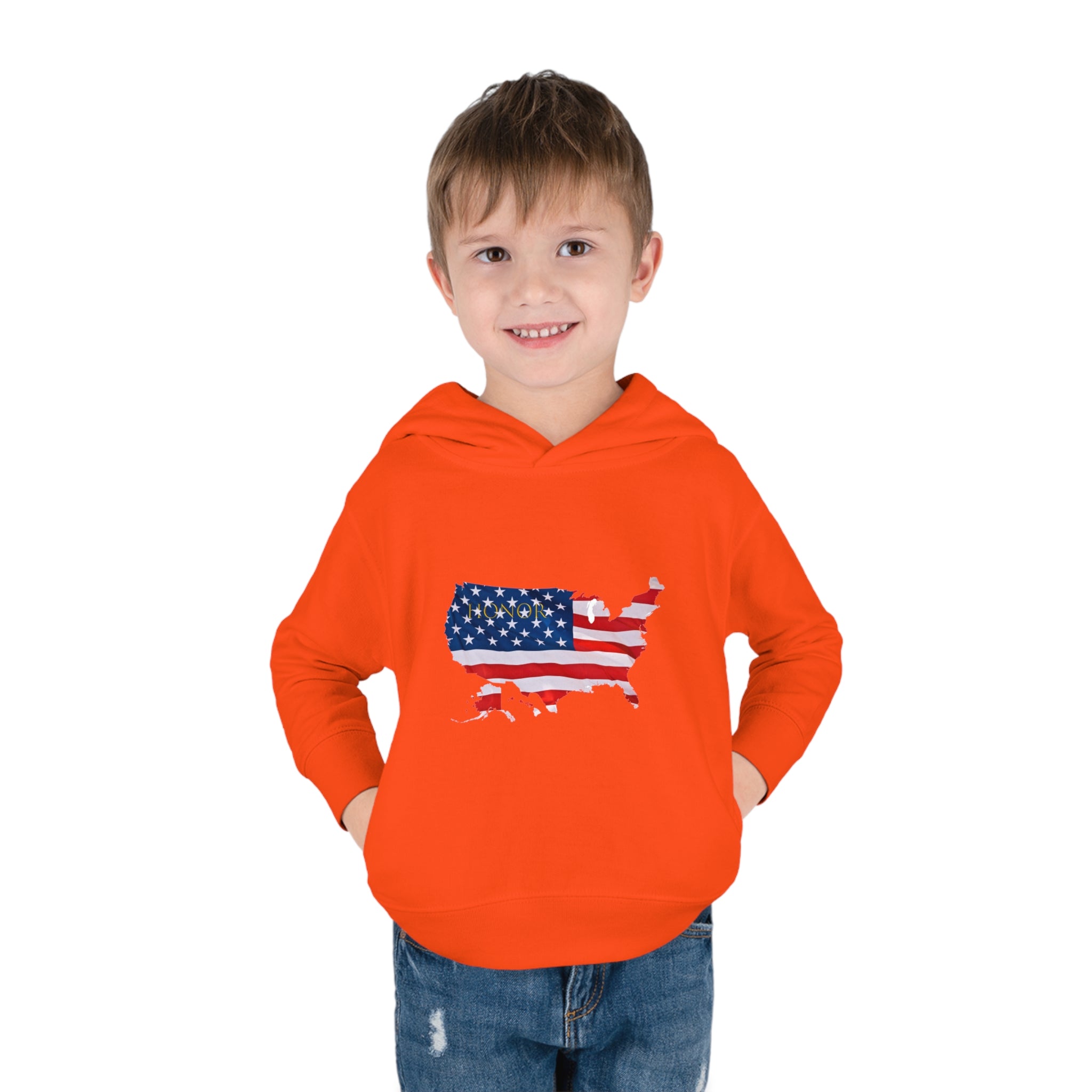 Toddler Boy wearing orange Hoodie with "Honor USA" inspired American as a Flag graphic on front.