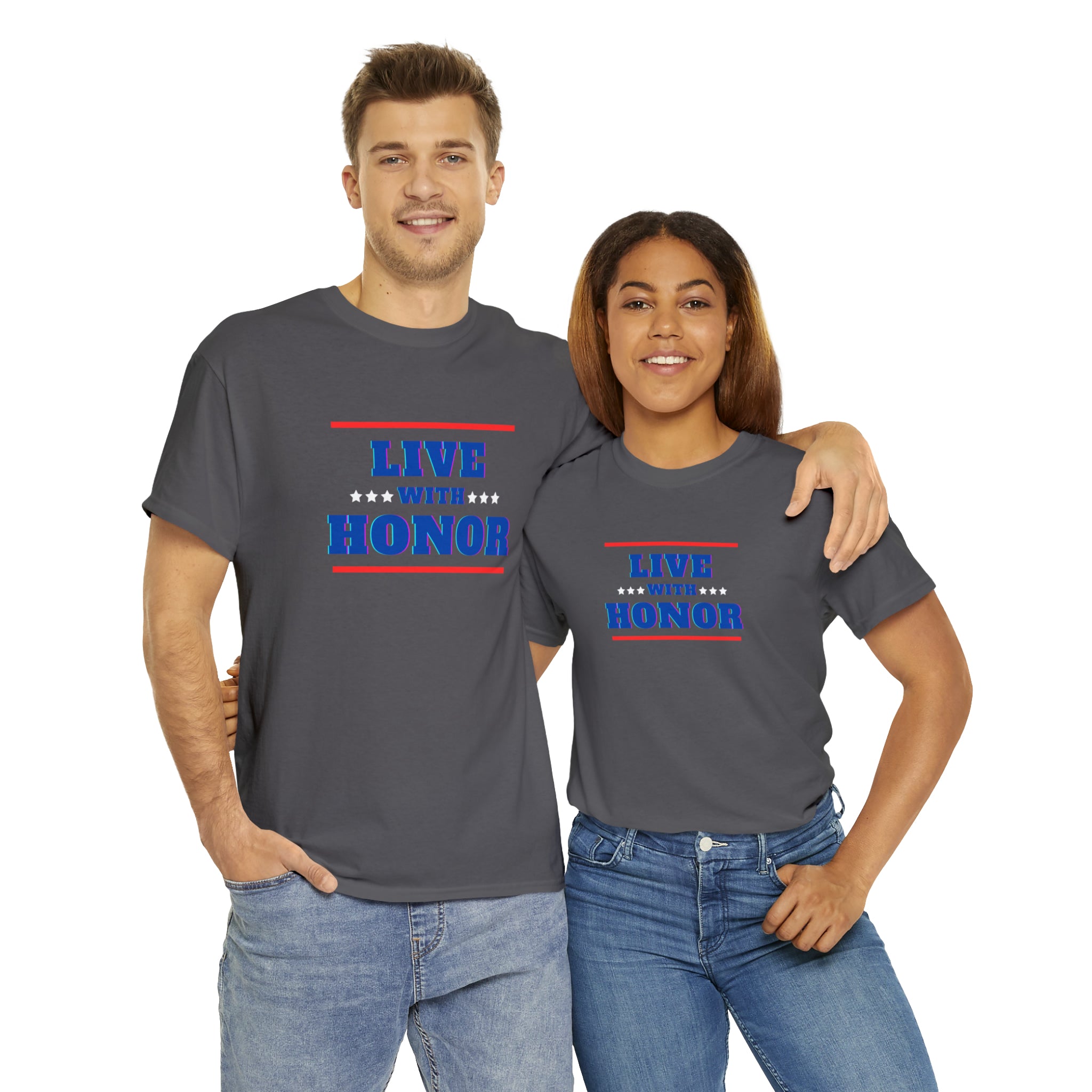 Adult male & female wearing army charcoal T-Shirt " Live With Honor" inspired images