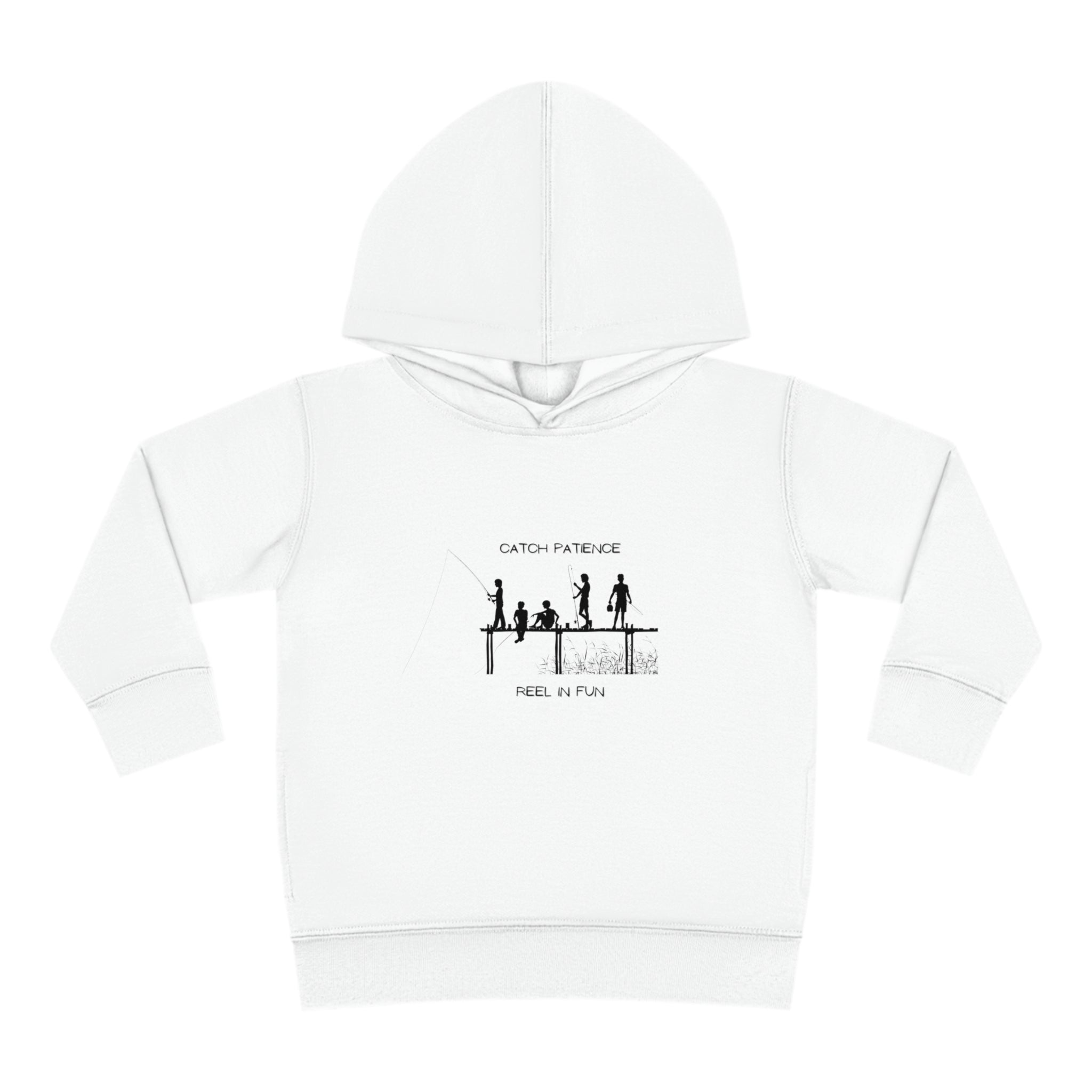 Toddler unisex wearing white hoodie with "Catch Patience Reel in Fun" inspired graphic of people fishing.