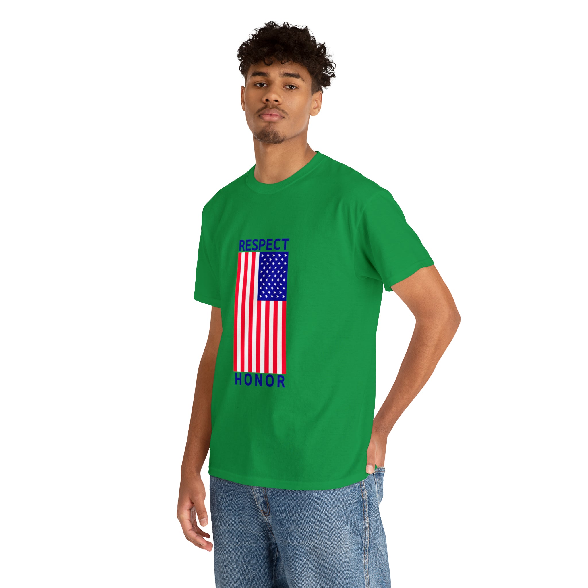 Adult man wearing irish green T-Shirt with "Respect Honor" Inspired Classic American Flag on front.