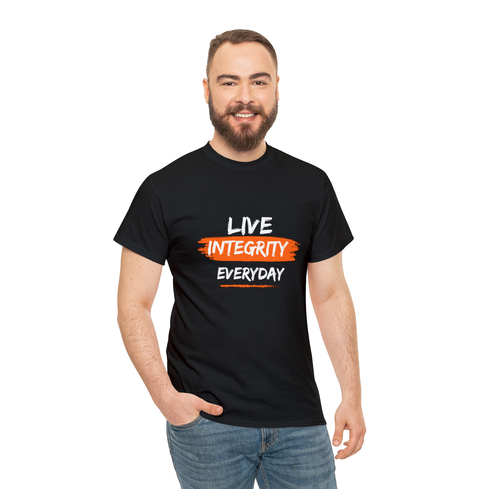 Adult male wearing black  T-Shirt " Live Integrity Everyday" inspired images
