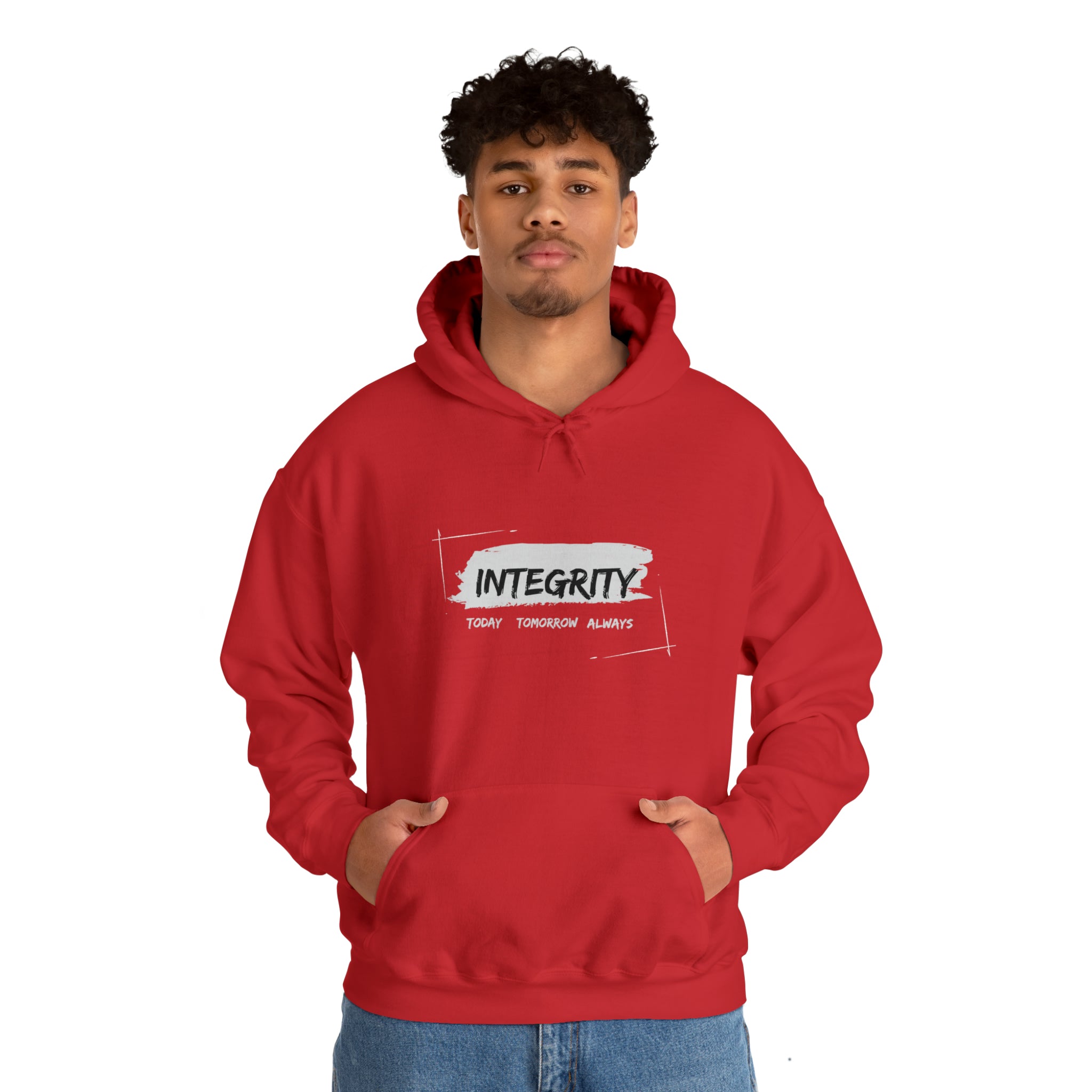 Adult male wearing Unisex red hoodie " Integrity Today Tomorrow Always" inspired image.