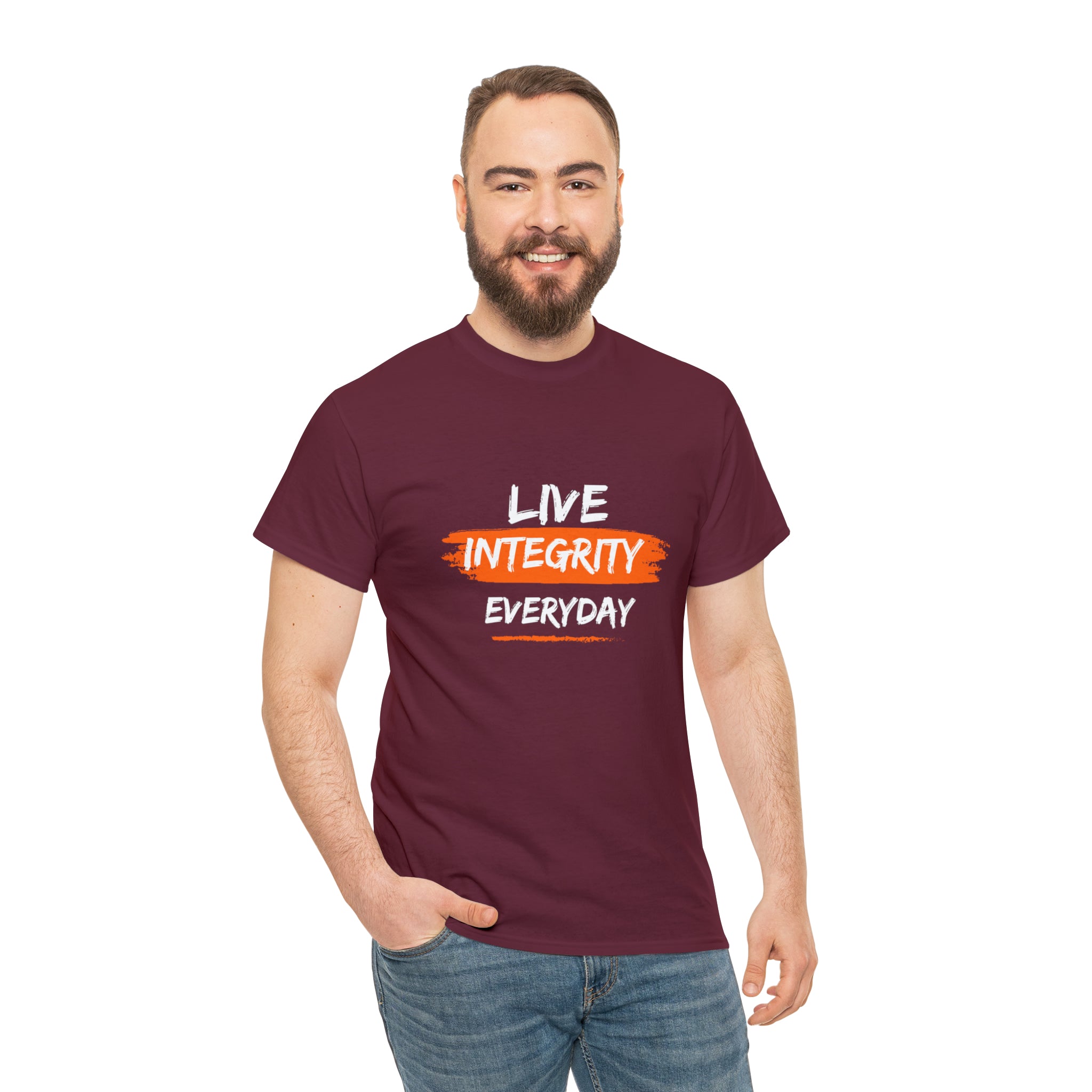 Adult male wearing maroon T-Shirt " Live Integrity Everyday" inspired images