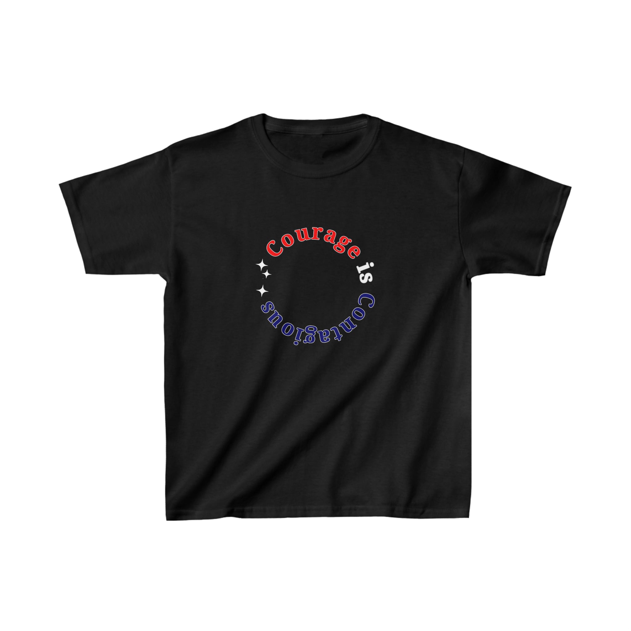 Youth unisex black T-shirt " Courage is Contagious" inspired message on front.