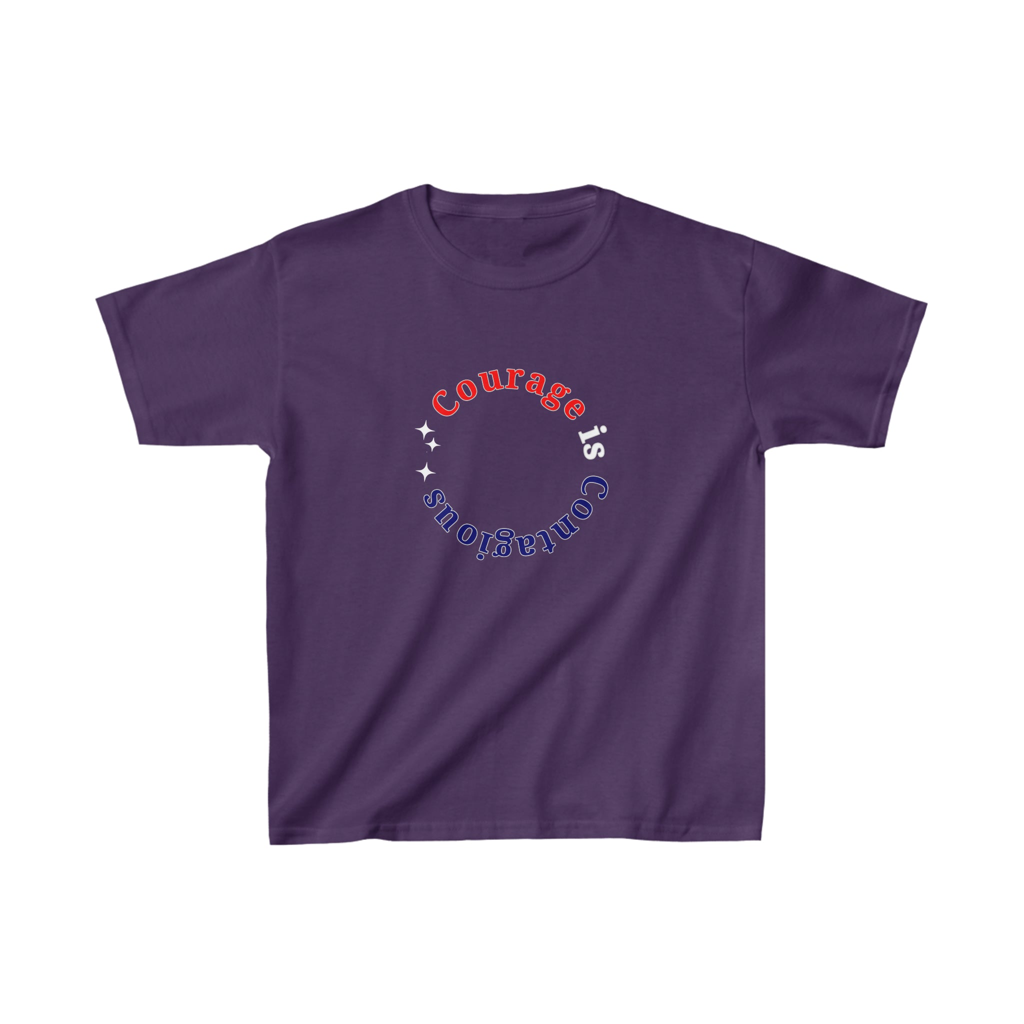 Youth unisex purple T-shirt " Courage is Contagious" inspired message on front.