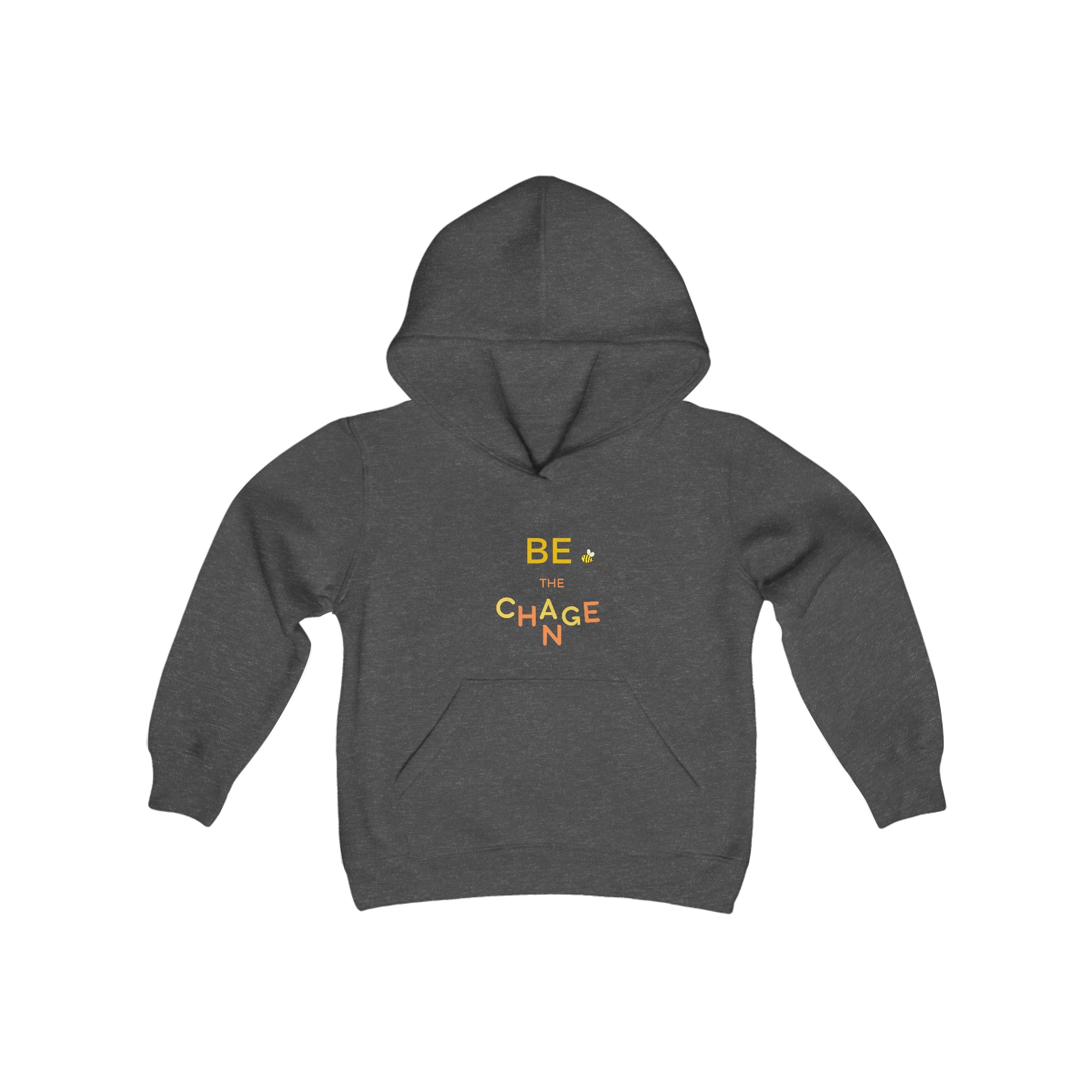 Youth unisex dark heather hoodie with "Be The Change" motivational image on front.