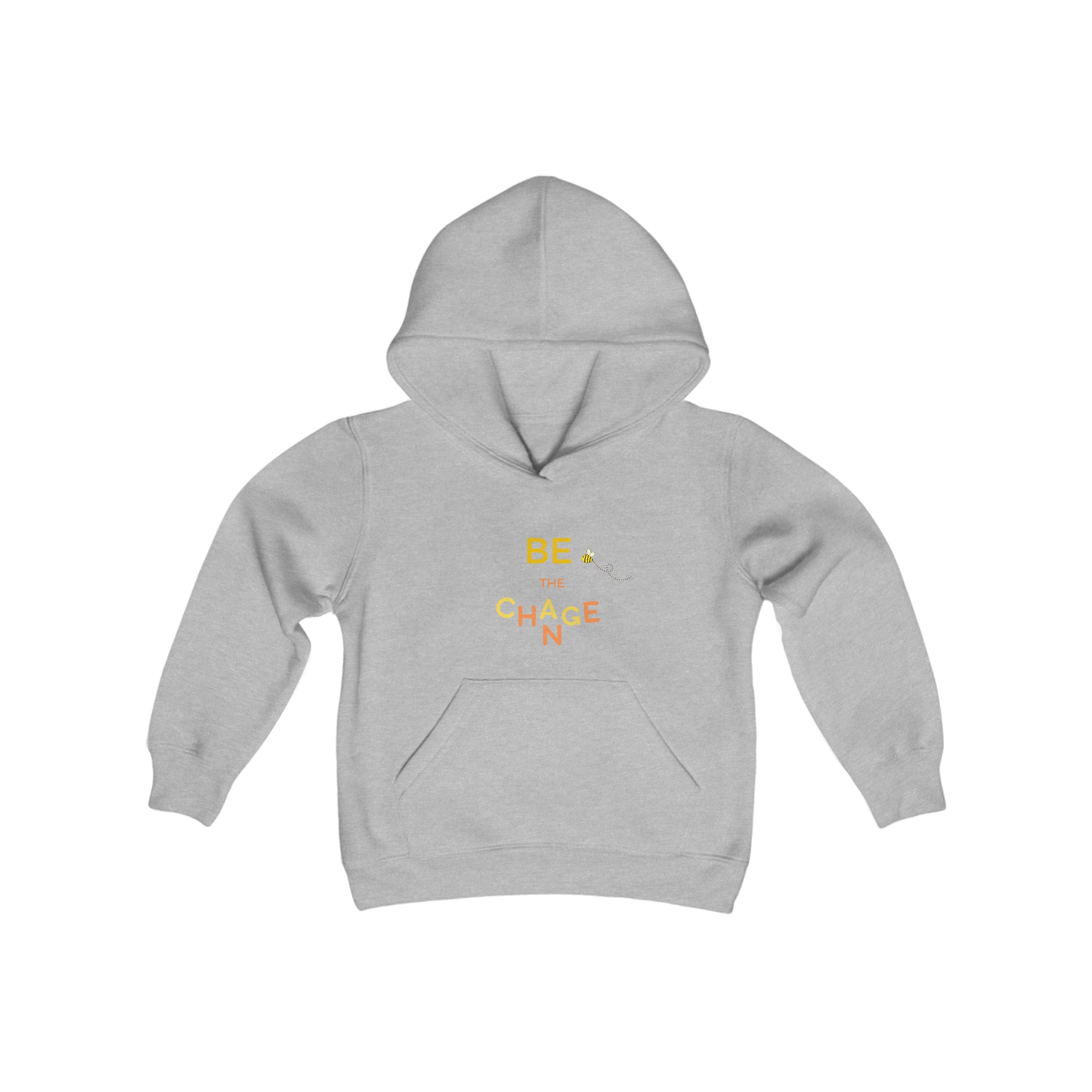 Youth unisex grey hoodie with "Be The Change" motivational image on front.
