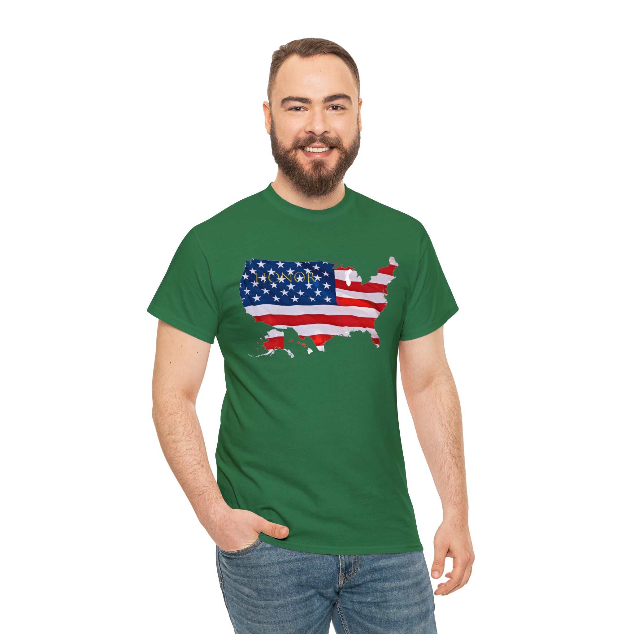Adult Male wearing irish green T-Shirt with "Honor USA" inspired American as a Flag graphic on front.
