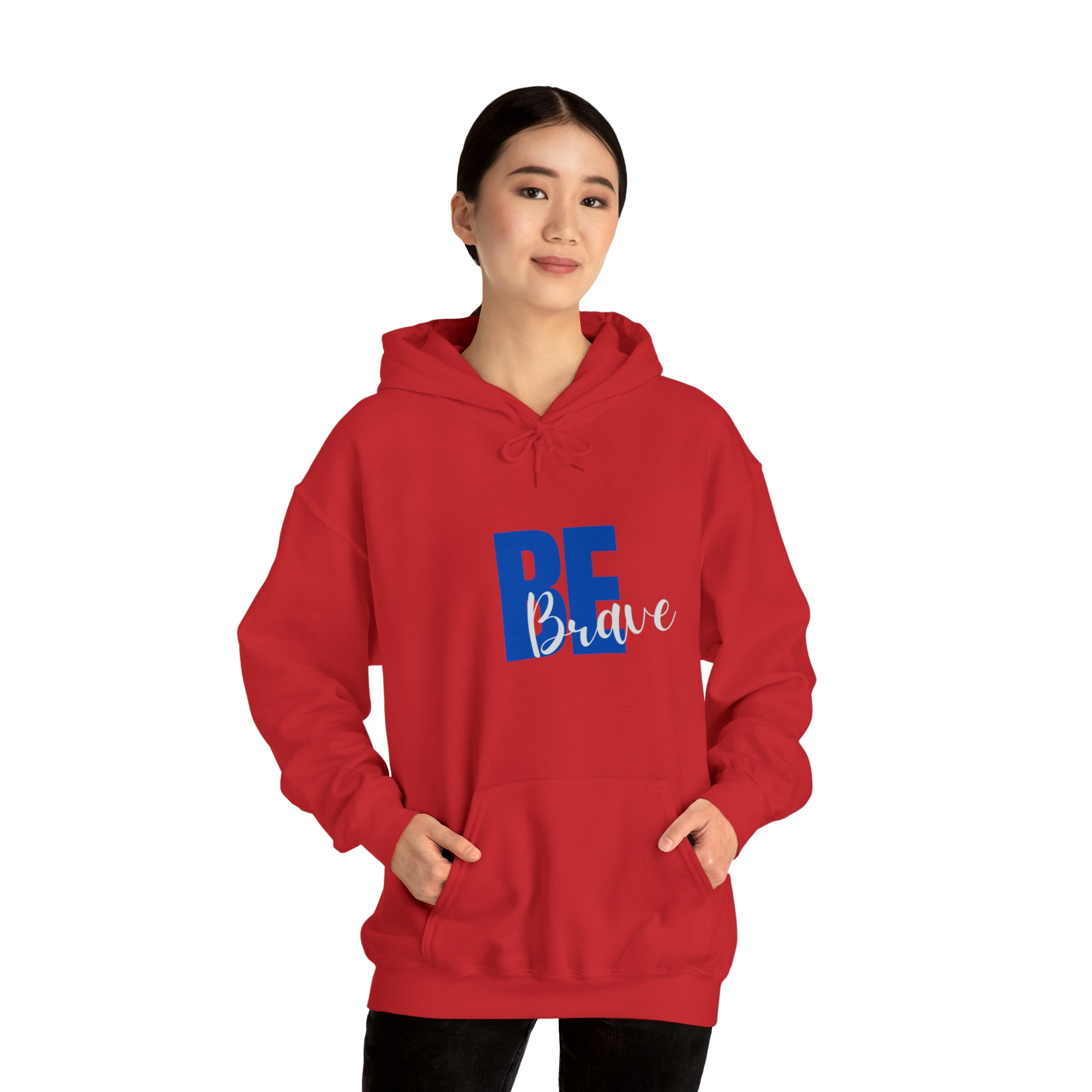 Adult Women wearing red hoodie with "Be Brave" motivational image on front.