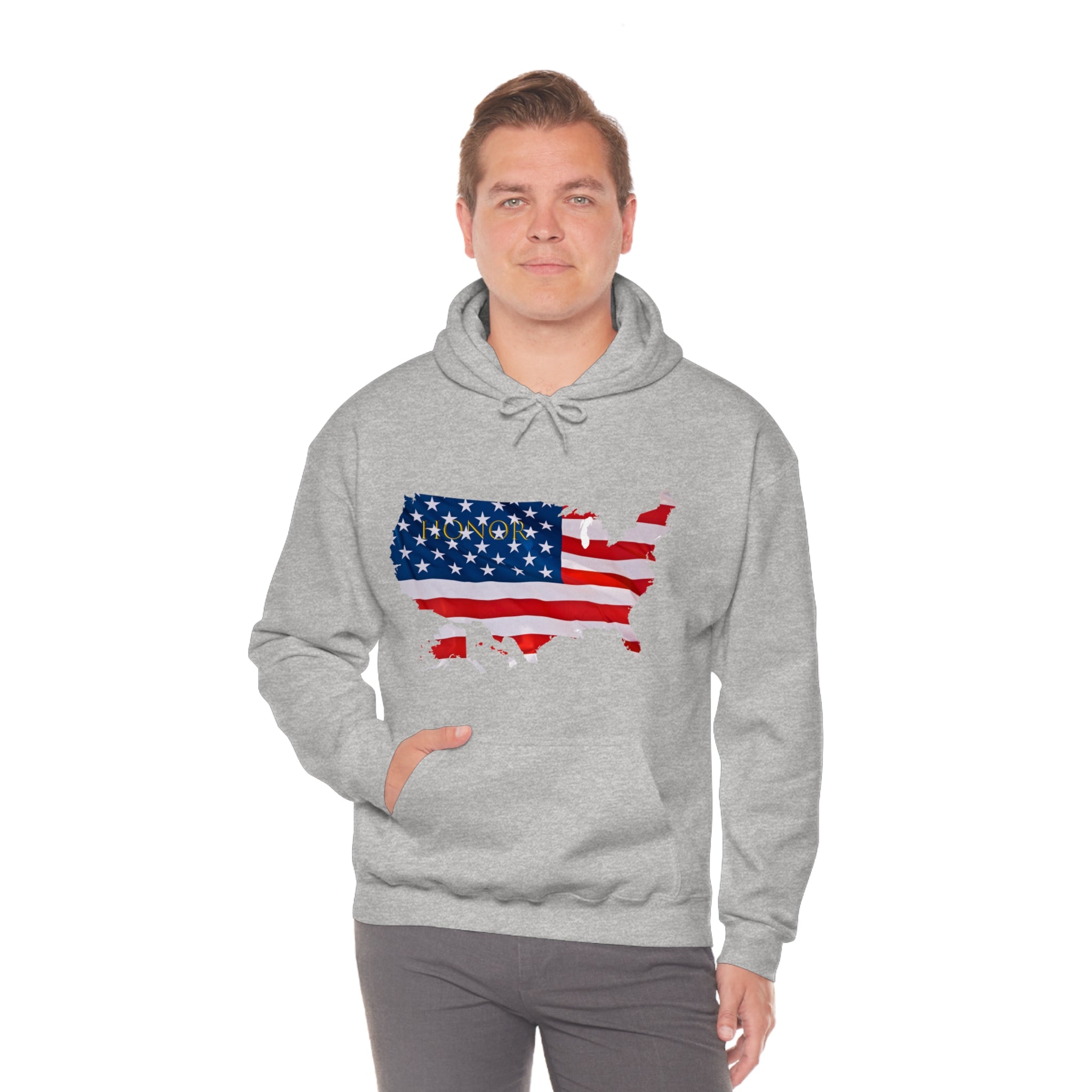 Adult Male wearing sports grey  hoodie with "Honor USA" inspired American as a Flag graphic on front.