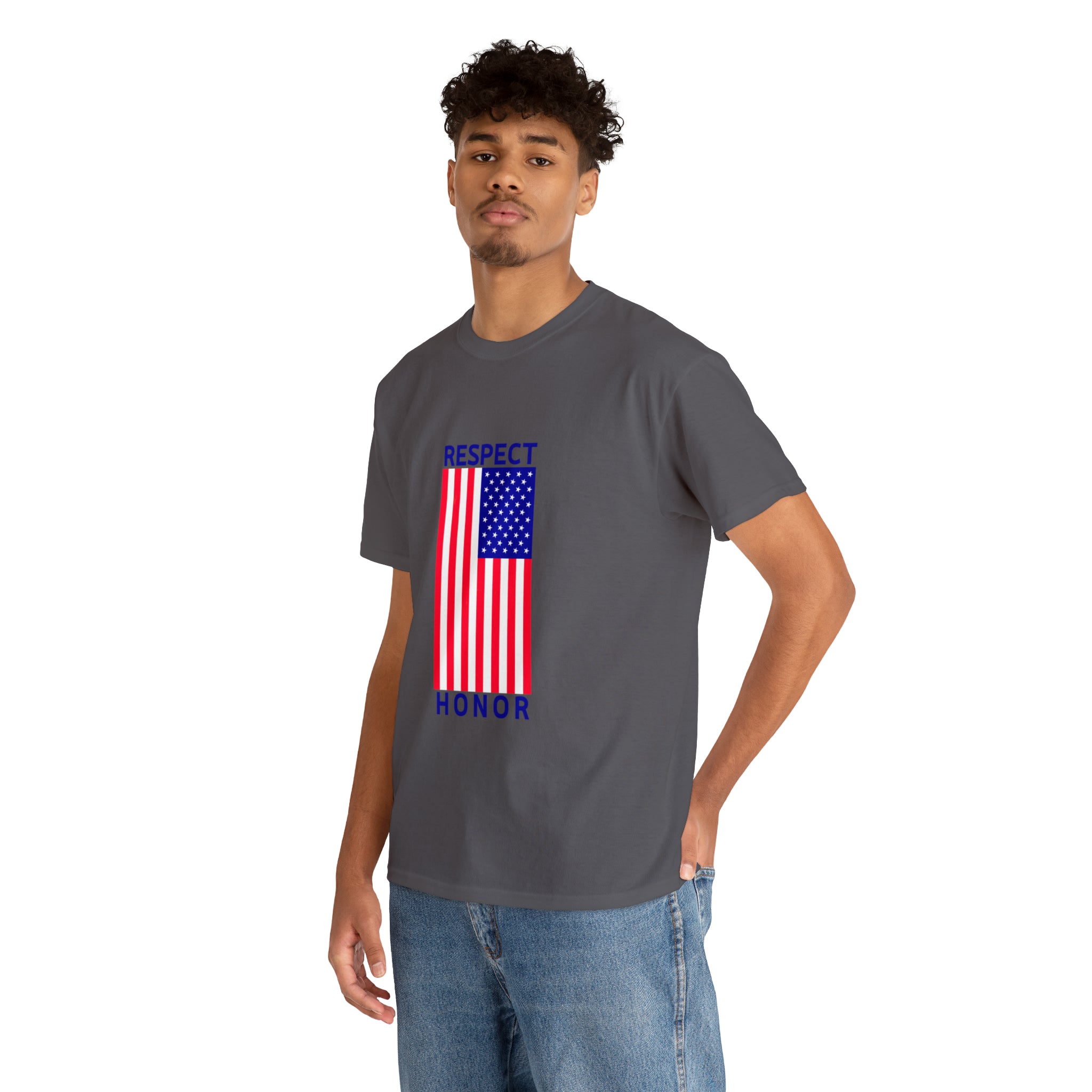 Adult man wearing charcoal T-Shirt with "Respect Honor" Inspired Classic American Flag on front.