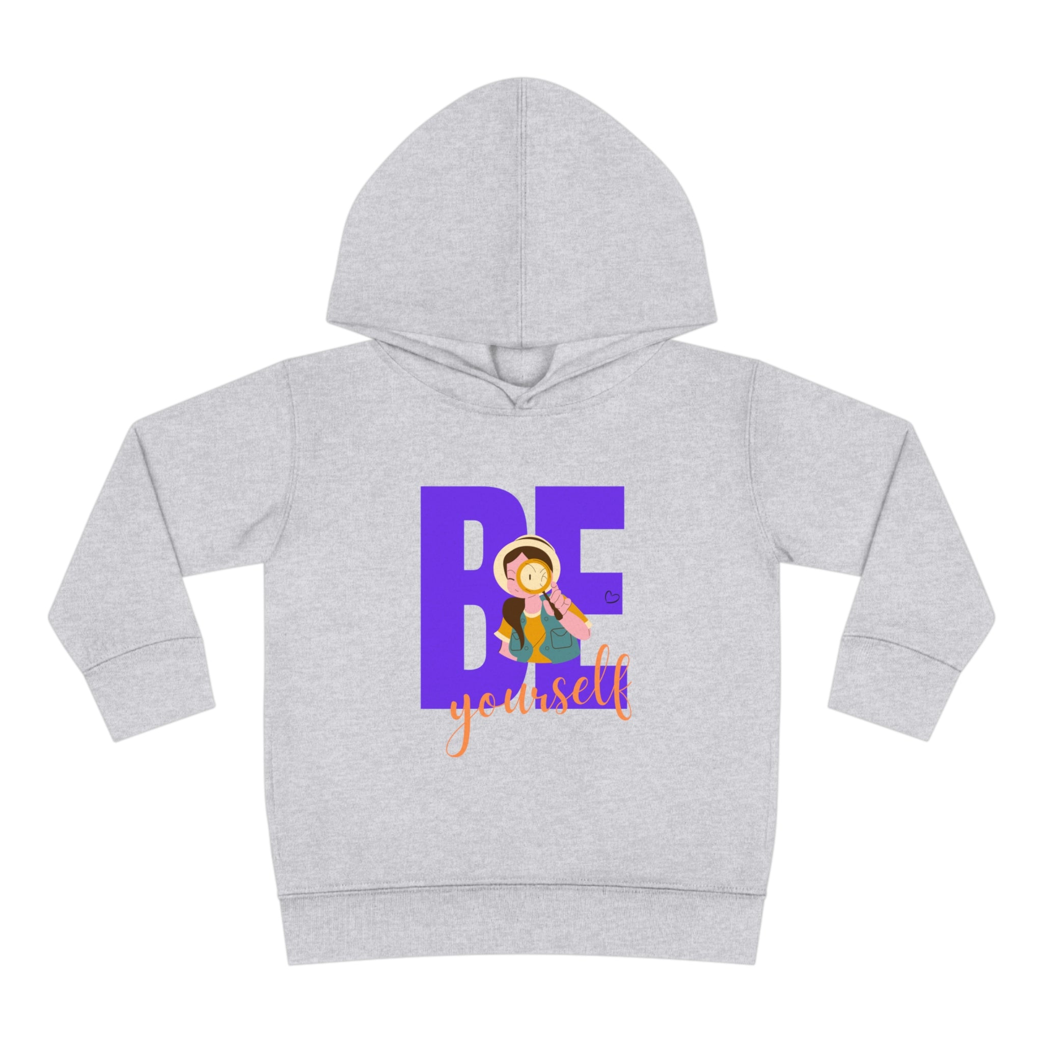 Toddler girls heather hoodie with "Be Yourself" motivational image on front.