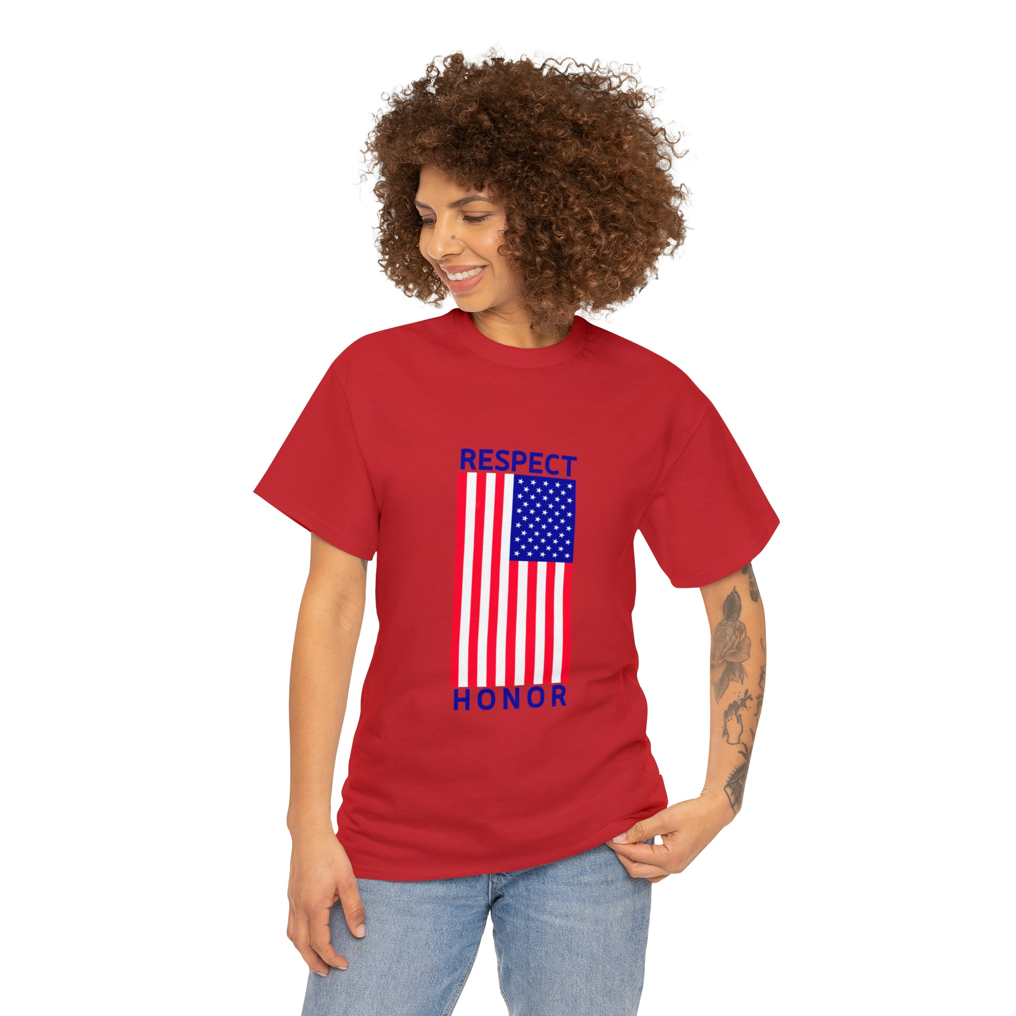 Adult female wearing red T-Shirt with "Respect Honor" Inspired Classic American Flag on front.