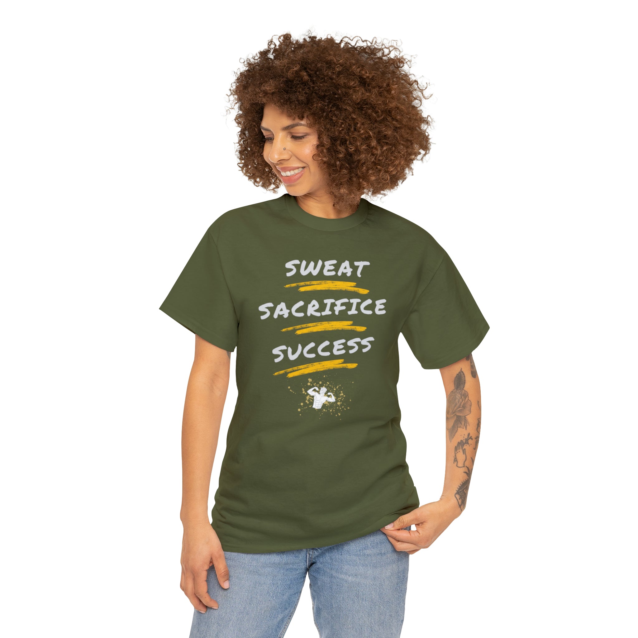 Adult Model wearing Military Green T-Shirt with Sweat Sacrifice Success Image on front.