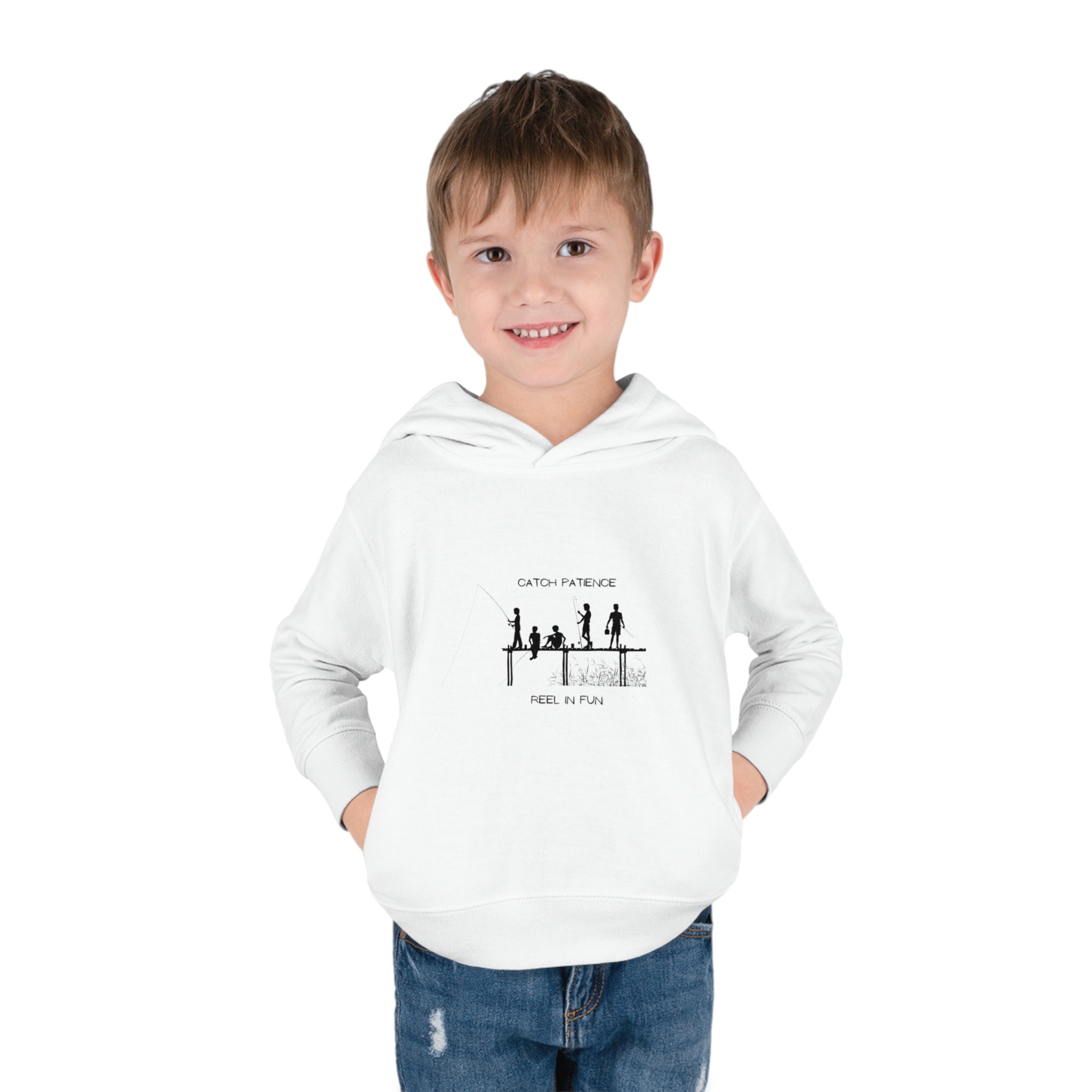 Boy Toddler unisex wearing white hoodie with "Catch Patience Reel in Fun" inspired graphic of people fishing.