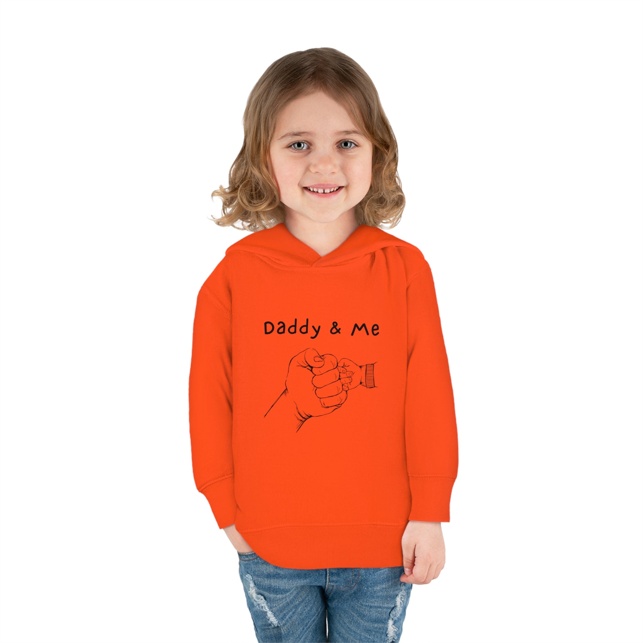 Toddler girl orange hoodie " Daddy & Me" with fist bumps hands on front.