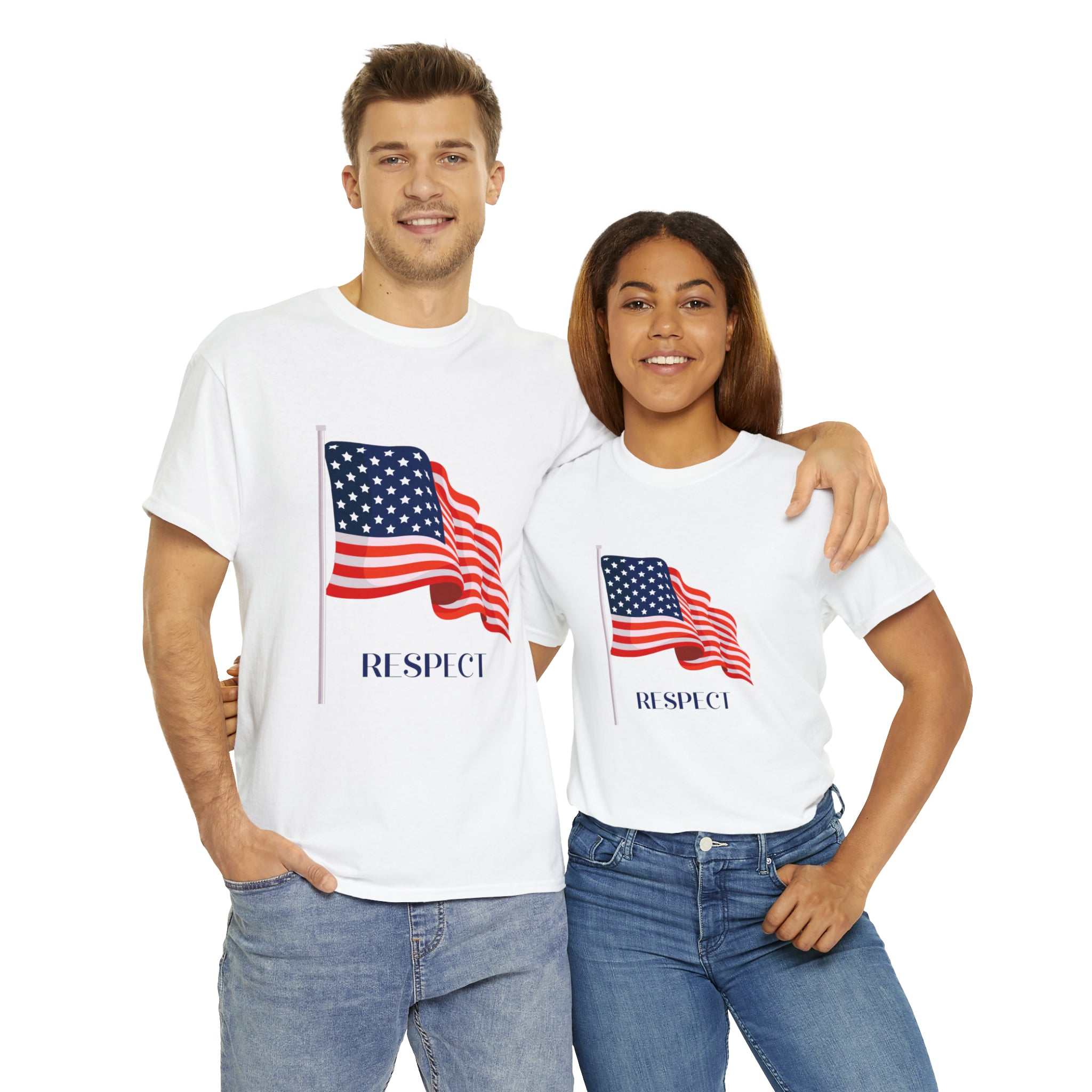 Adult Man & Women wearing white T-Shirt " Respect" American flag on front.