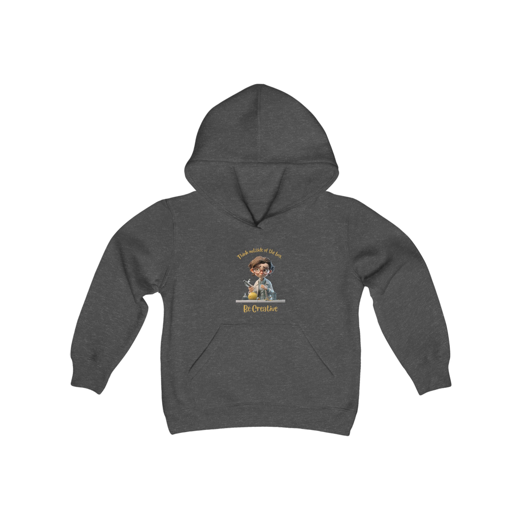Youth unisex heather hoodie with " Think outside of the box Be Creative" inspired graphic.