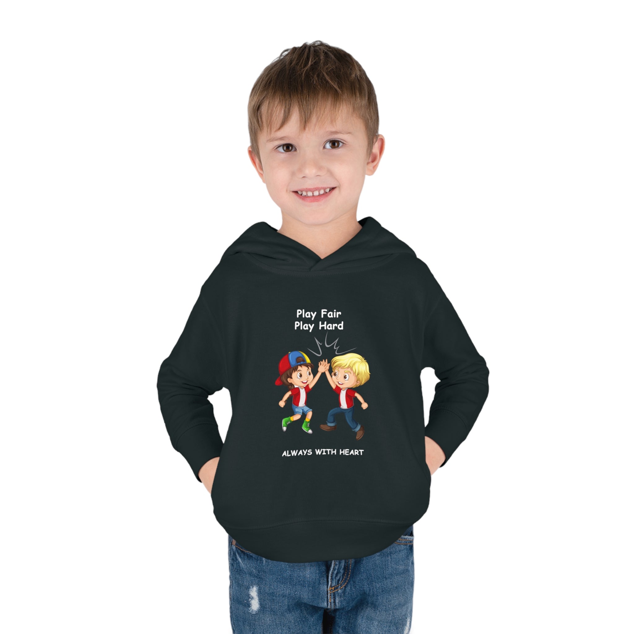Boy Toddler wearing unisex black hoodie with " Play Fair Play Hard Always with Heart" inspired graphic