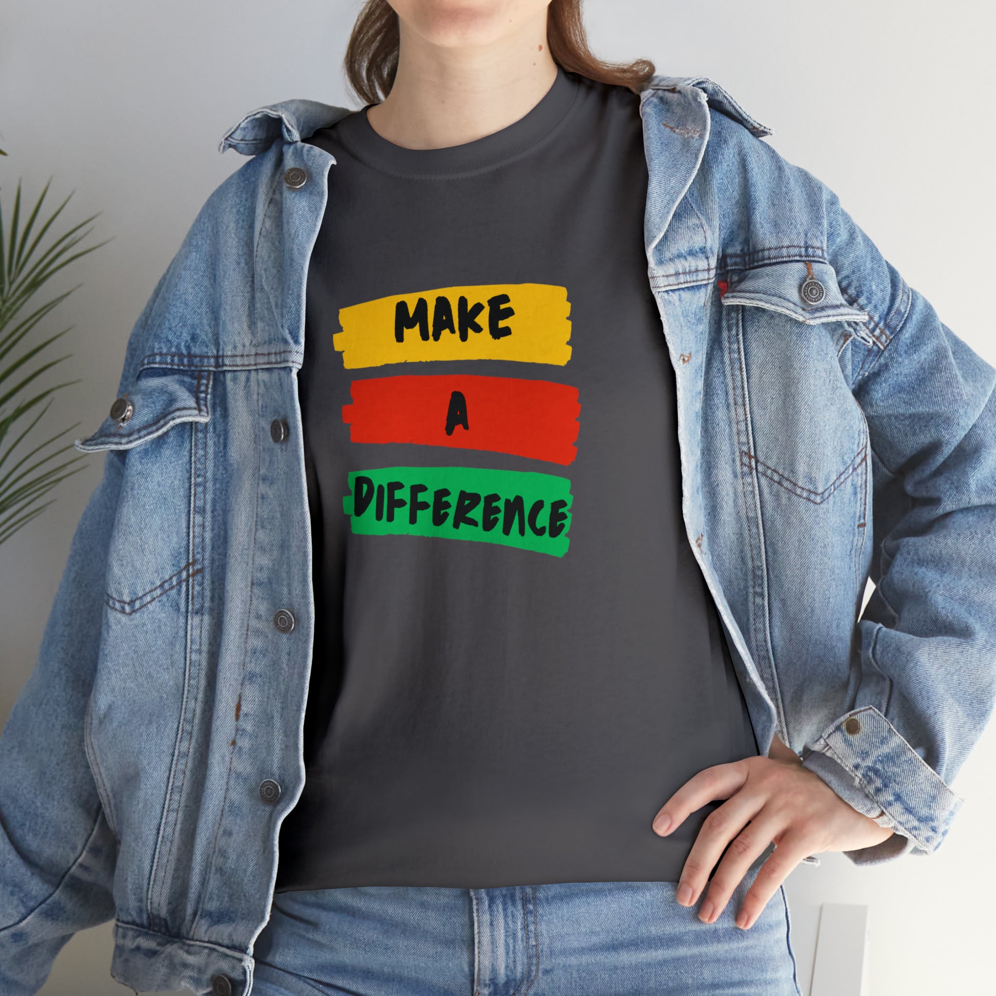 Adult female unisex charcoal T-Shirt with " Make A Difference" inspired images.