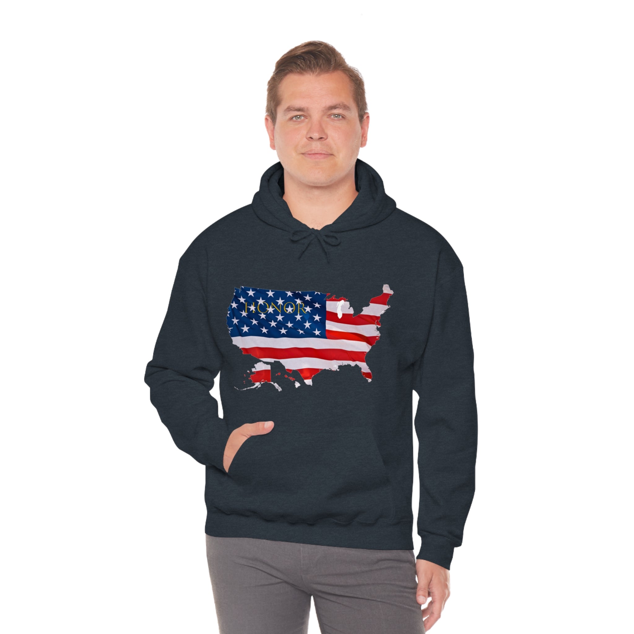 Adult Male wearing charcoal hoodie with "Honor USA" inspired American as a Flag graphic on front.