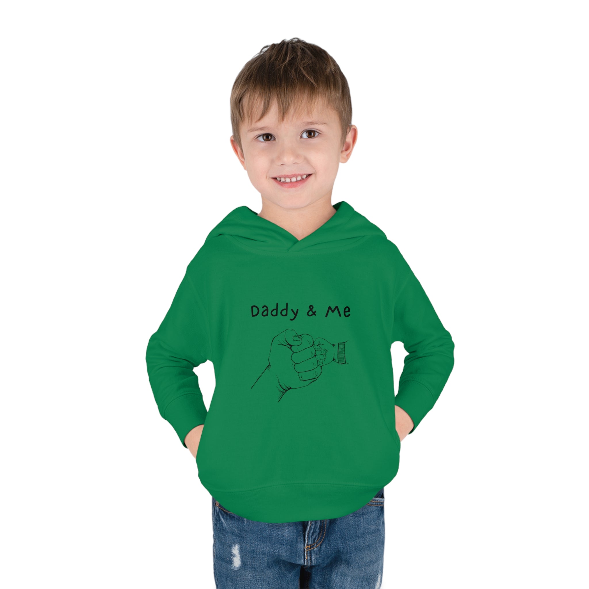 Toddler boy kelly green hoodie " Daddy & Me" with fist bumps hands on front.
