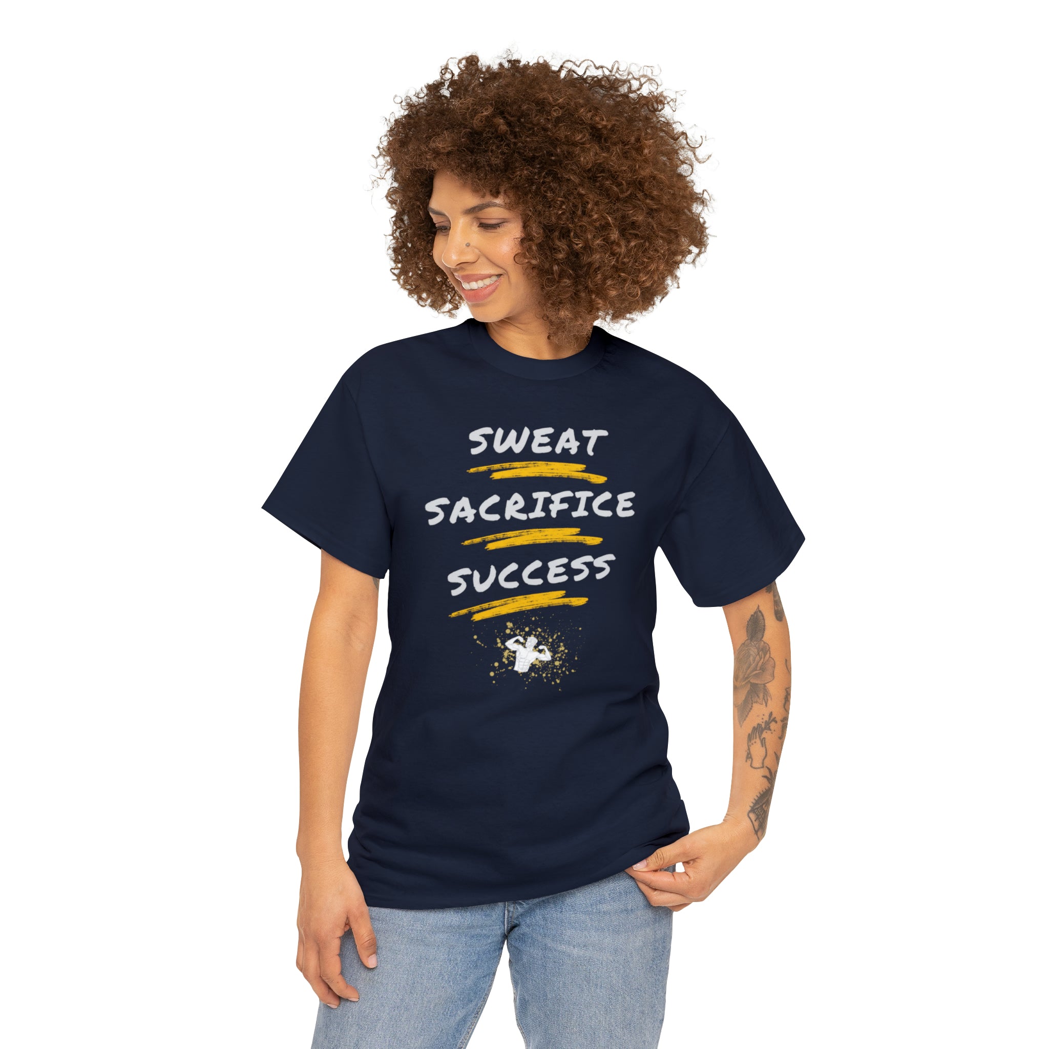 Adult Model wearing Navy T-Shirt with Sweat Sacrifice Success Image on front.