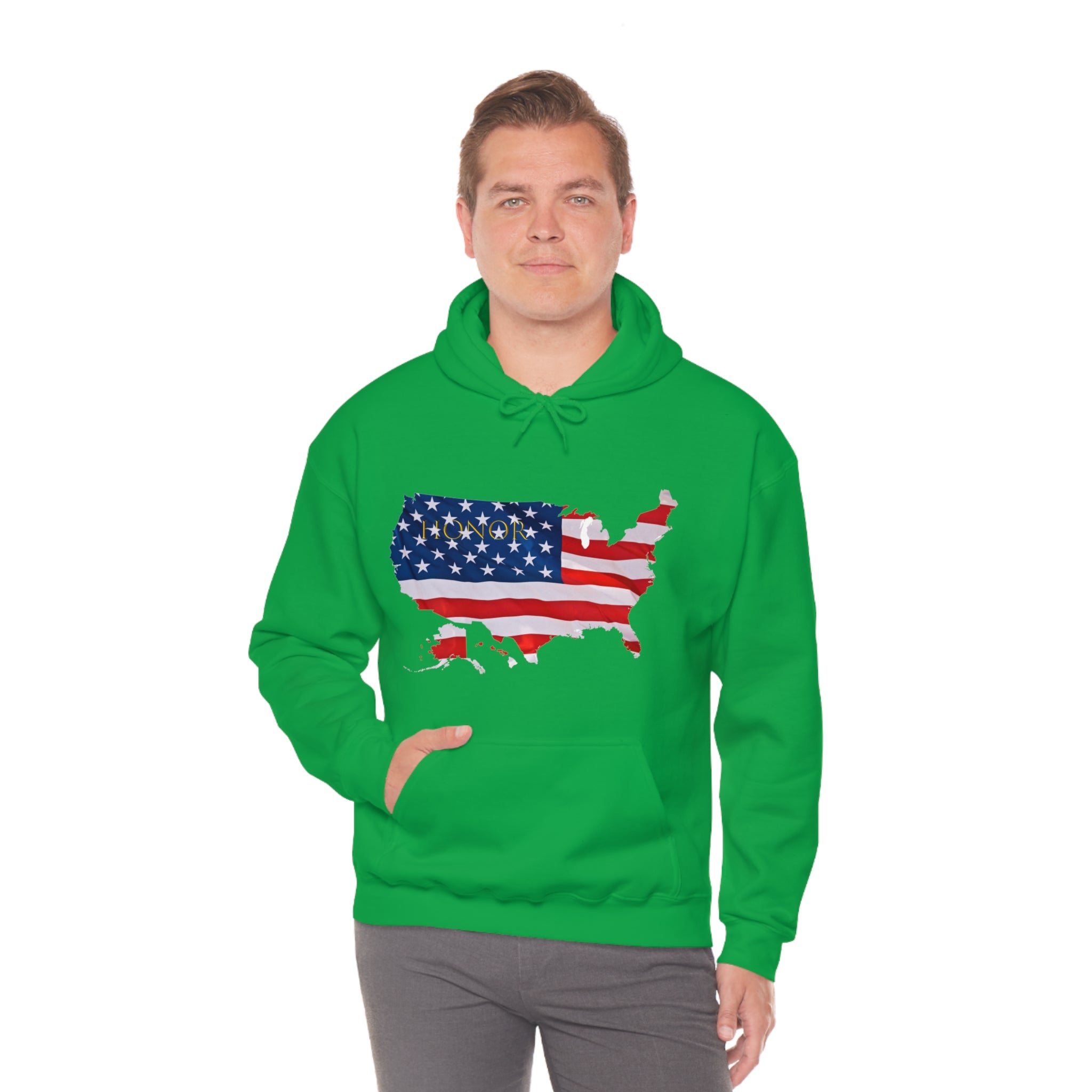 Adult Male wearing irish green  hoodie with "Honor USA" inspired American as a Flag graphic on front.