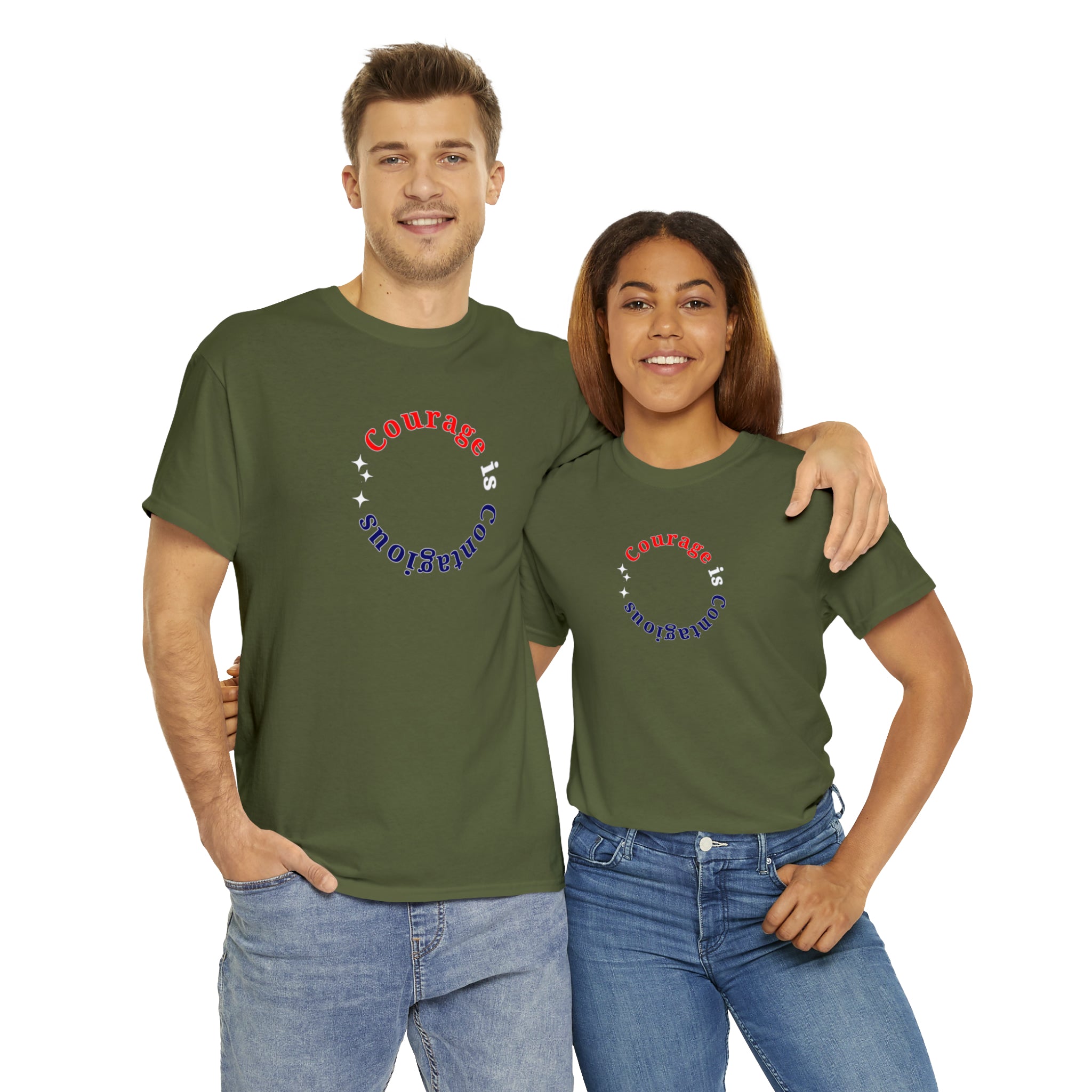 Adult Man and Women wearing military green T-Shirt " Courage is Contagious" inspired message on front.