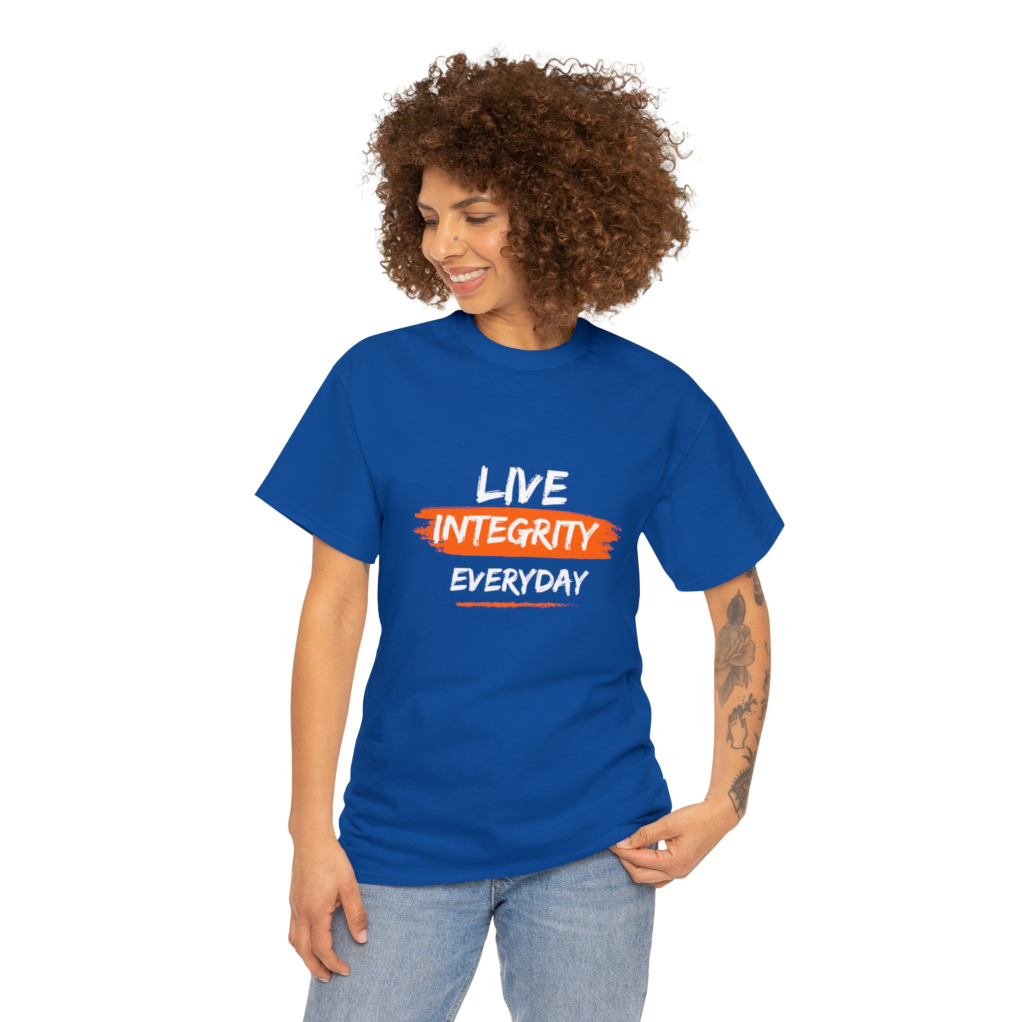 Adult female wearing royal T-Shirt " Live Integrity Everyday" inspired images