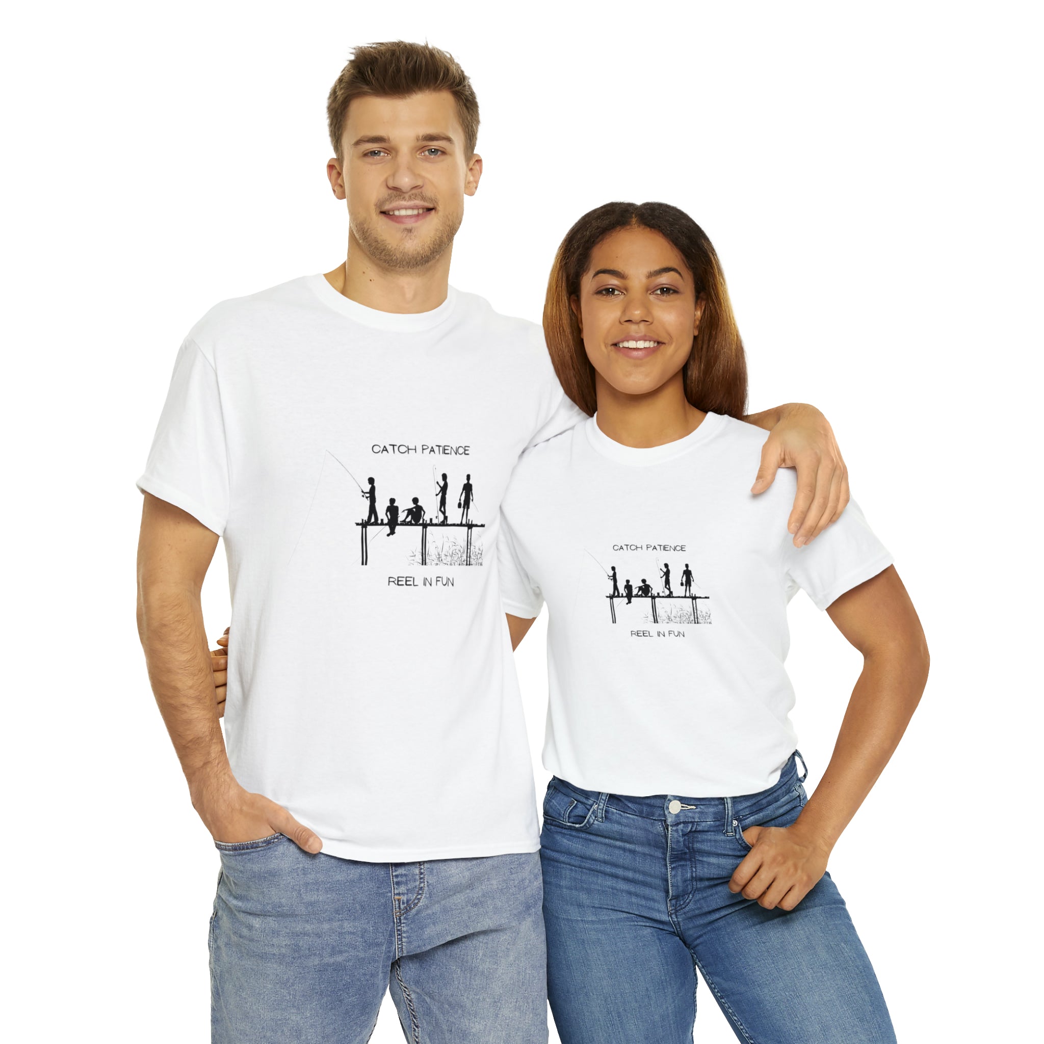Adult female & male wearing white T-shirt with "Catch Patience Reel in Fun" inspired graphic of people fishing.