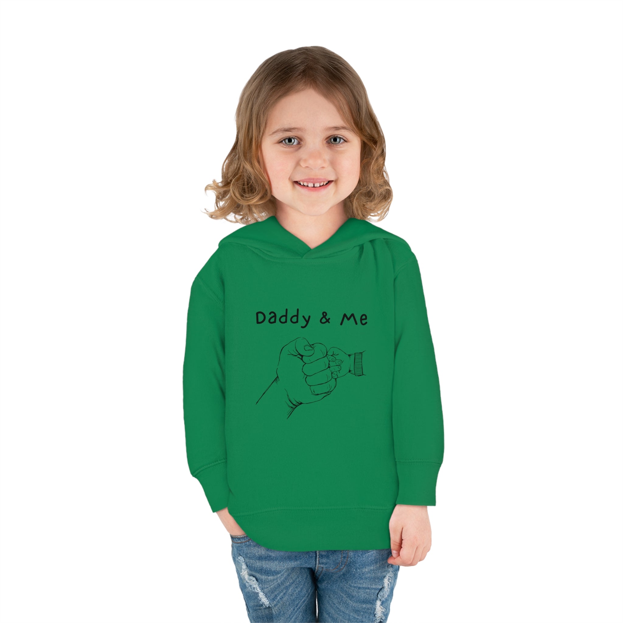 Toddler girl kelly green hoodie " Daddy & Me" with fist bumps hands on front.