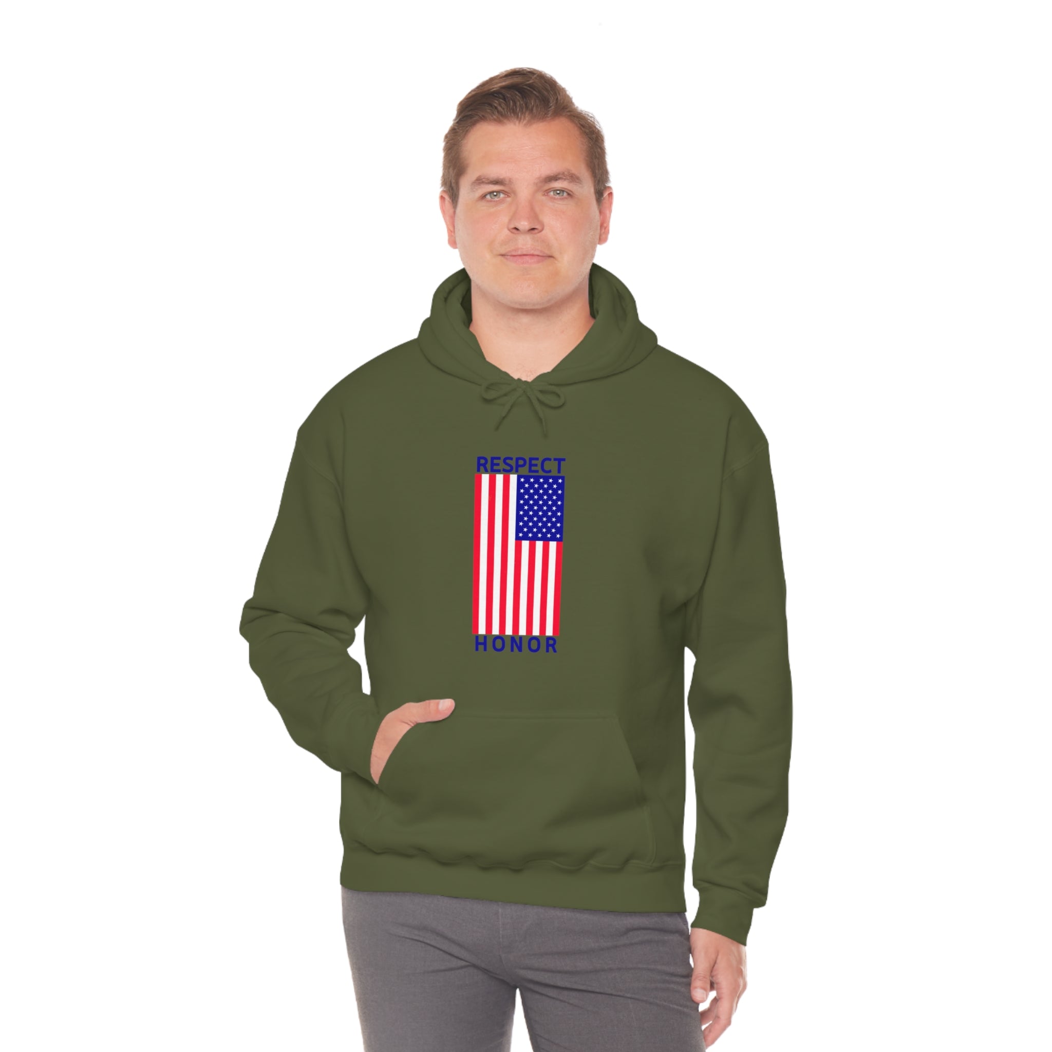 Adult man wearing  military green with "Respect Honor" Inspired Classic American Flag on front.