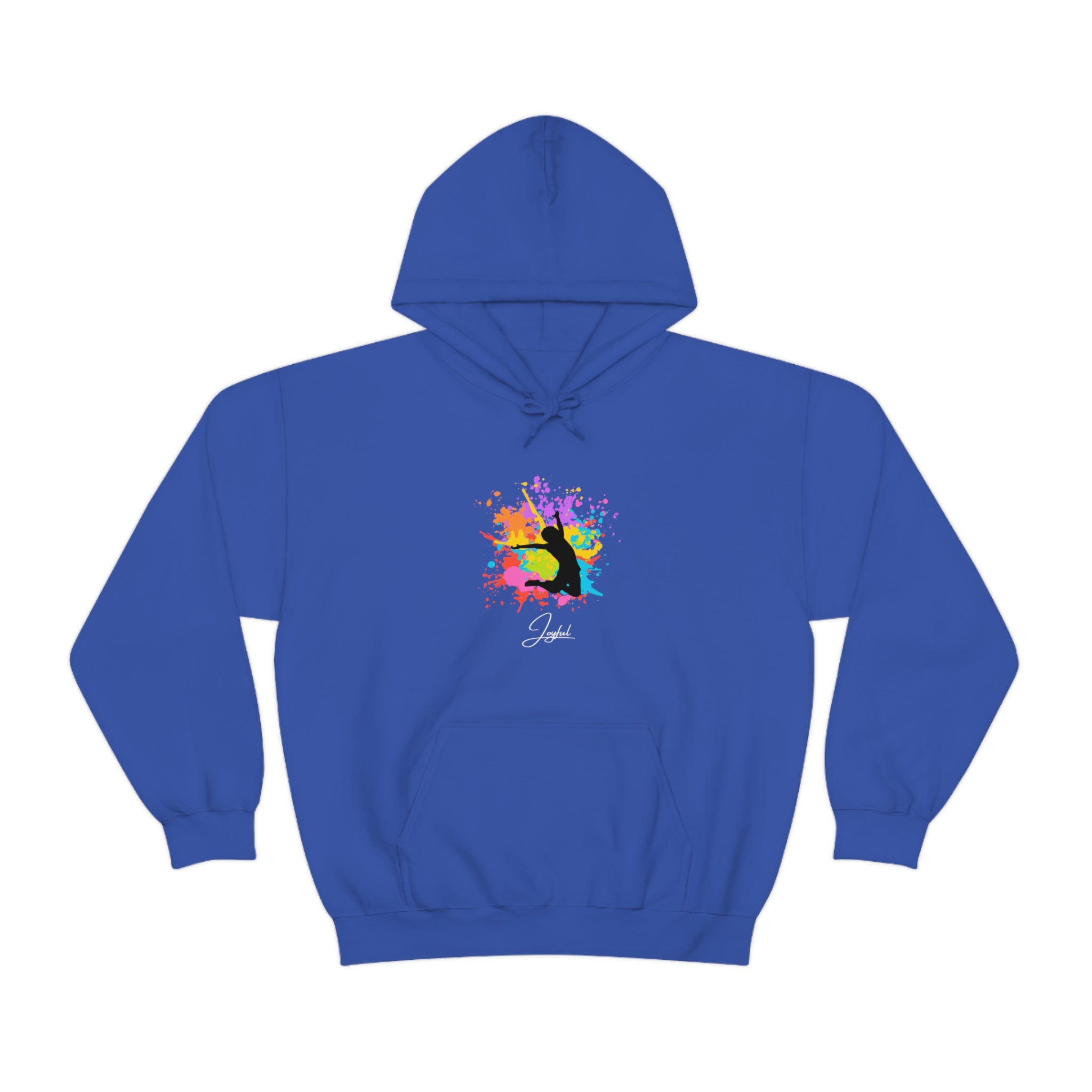 Royal sweatshirt with "Joyful" graphic on front.