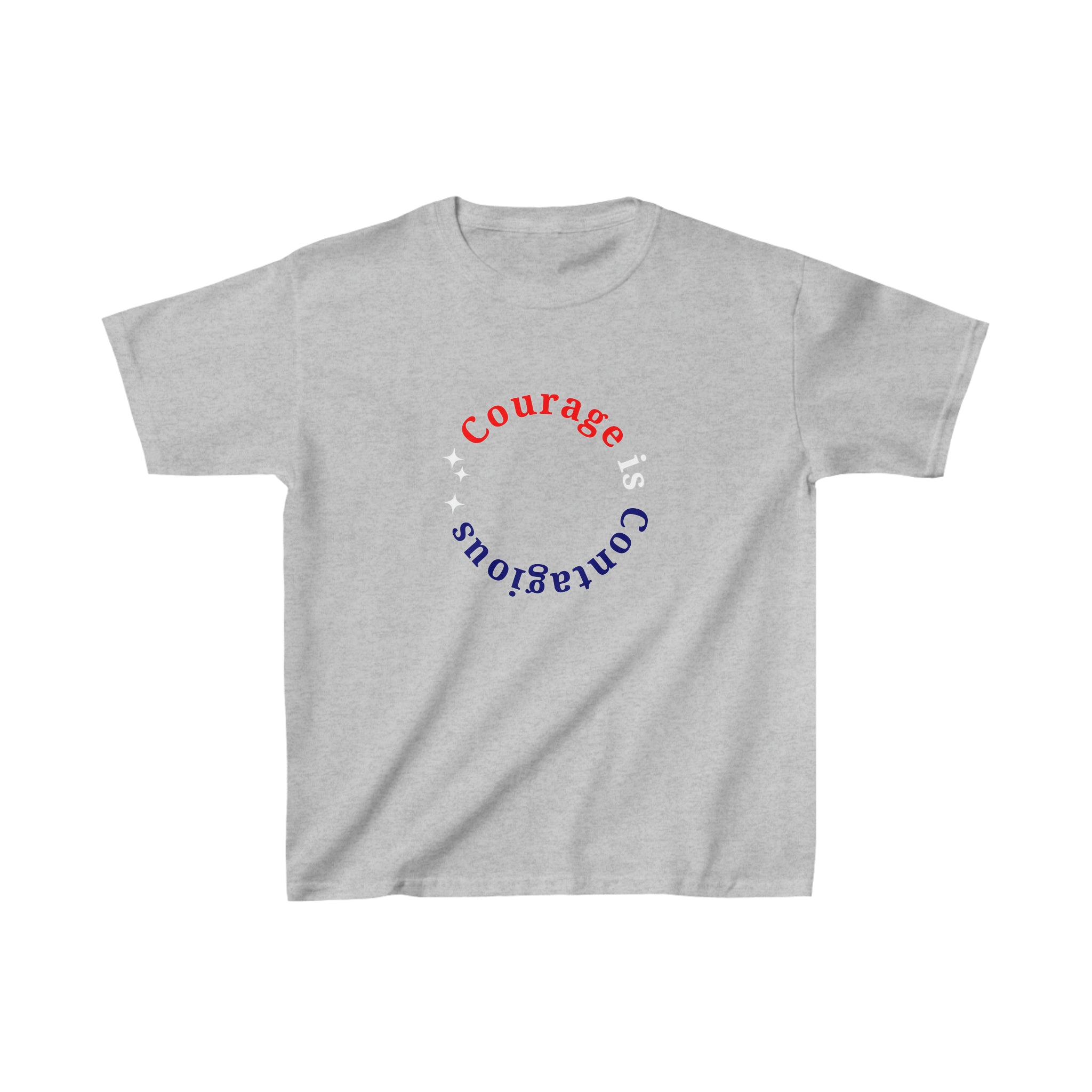 Youth unisex sports grey T-shirt " Courage is Contagious" inspired message on front.