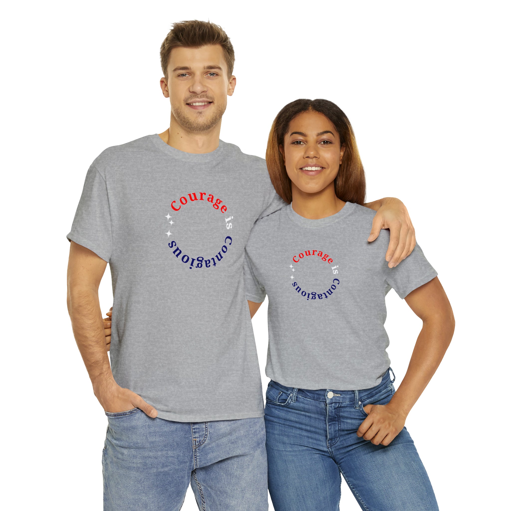 Adult Man and Women wearing sports grey T-Shirt " Courage is Contagious" inspired message on front.