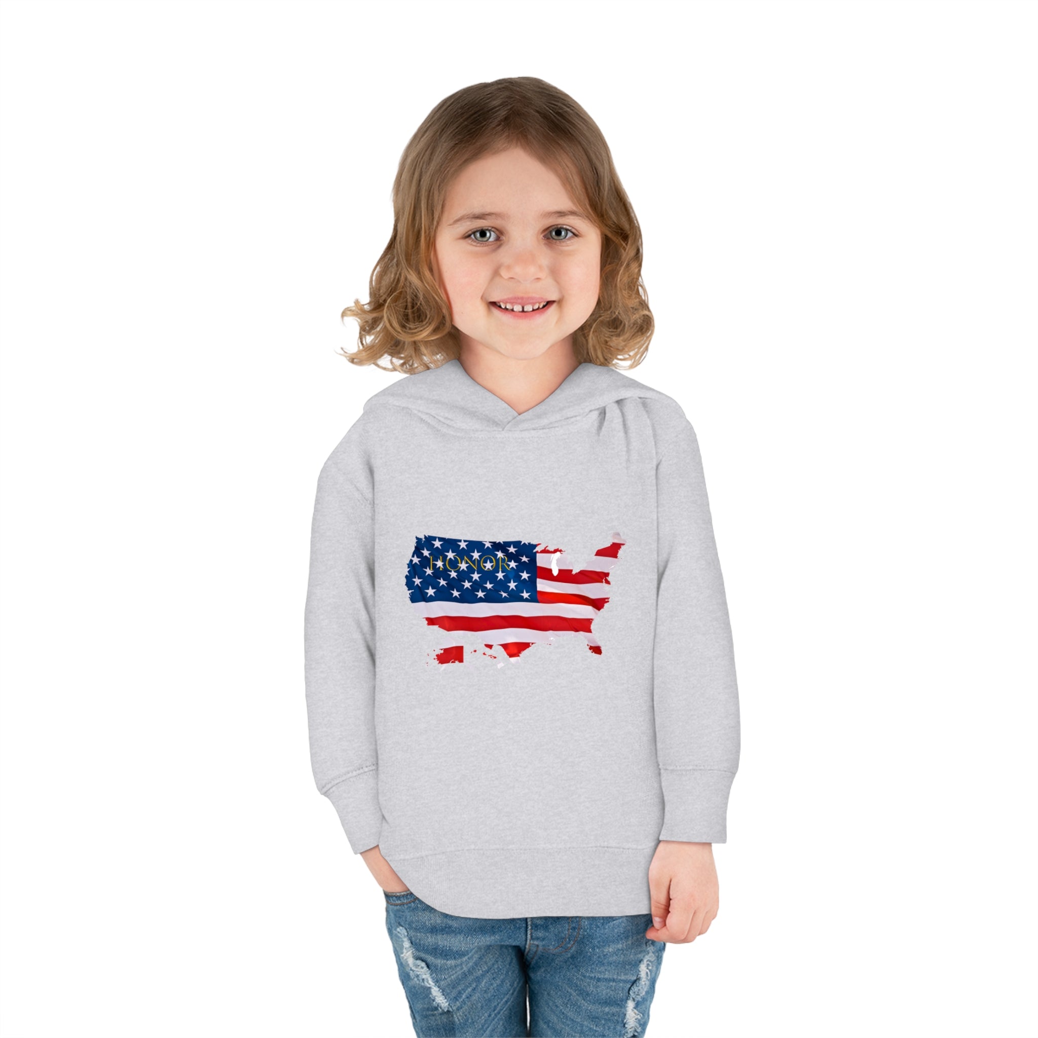 Toddler Girl wearing sports grey Hoodie with "Honor USA" inspired American as a Flag graphic on front.