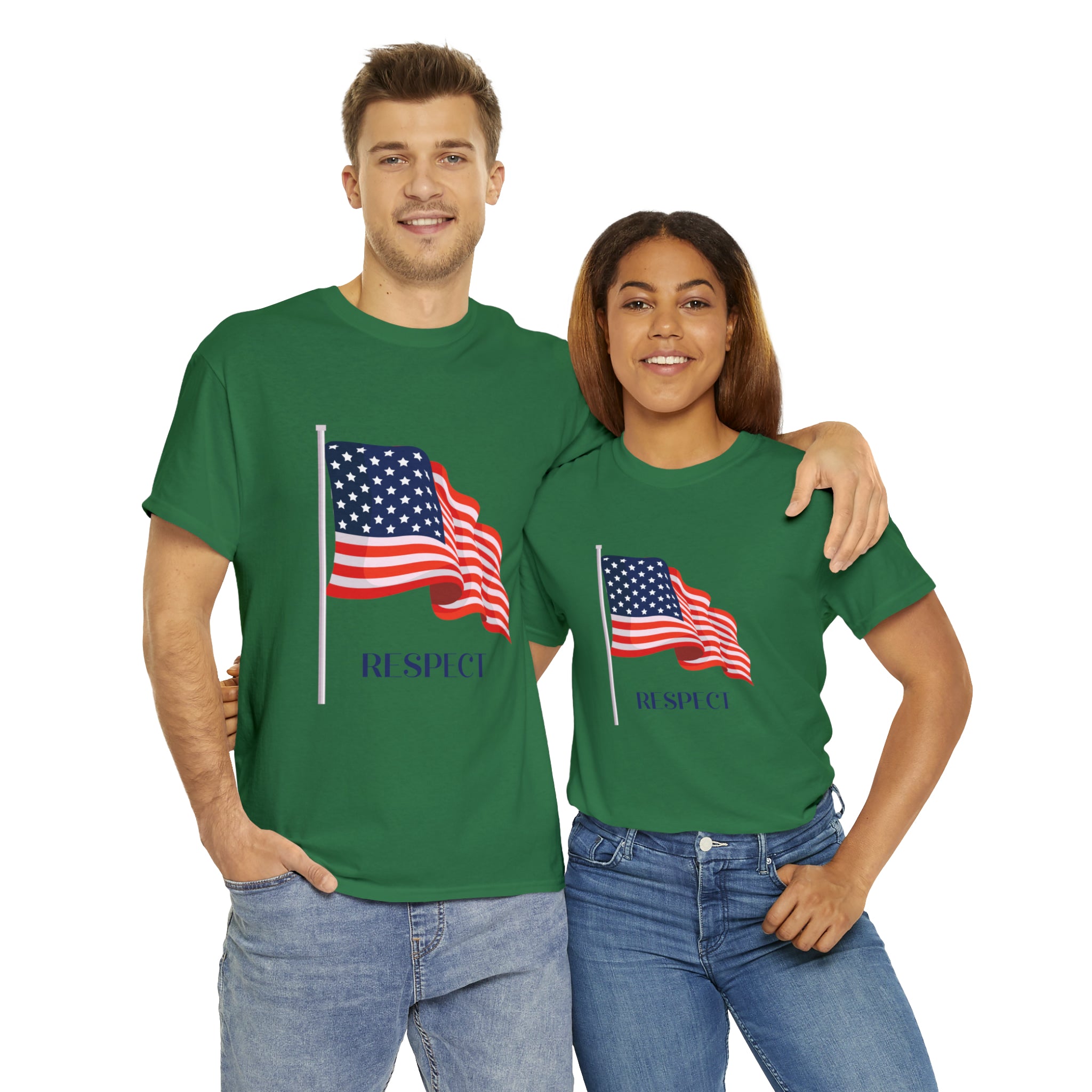 Adult Man & Women wearing kelly green T-Shirt " Respect" American flag on front.