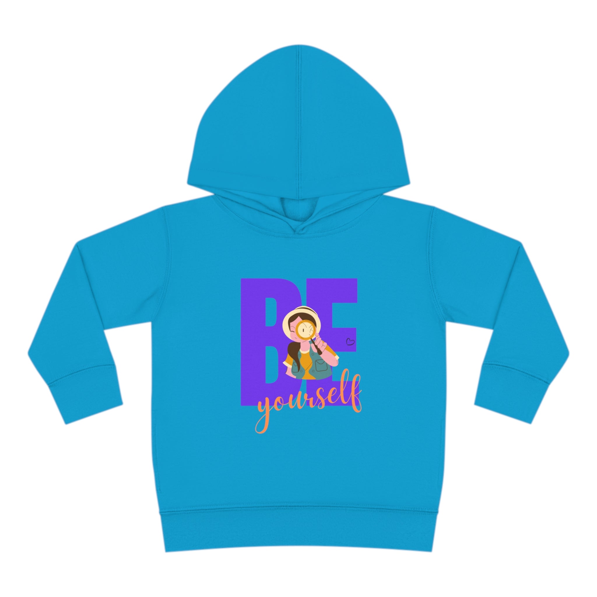 Toddler girls  royal blue hoodie with "Be Yourself" motivational image on front.