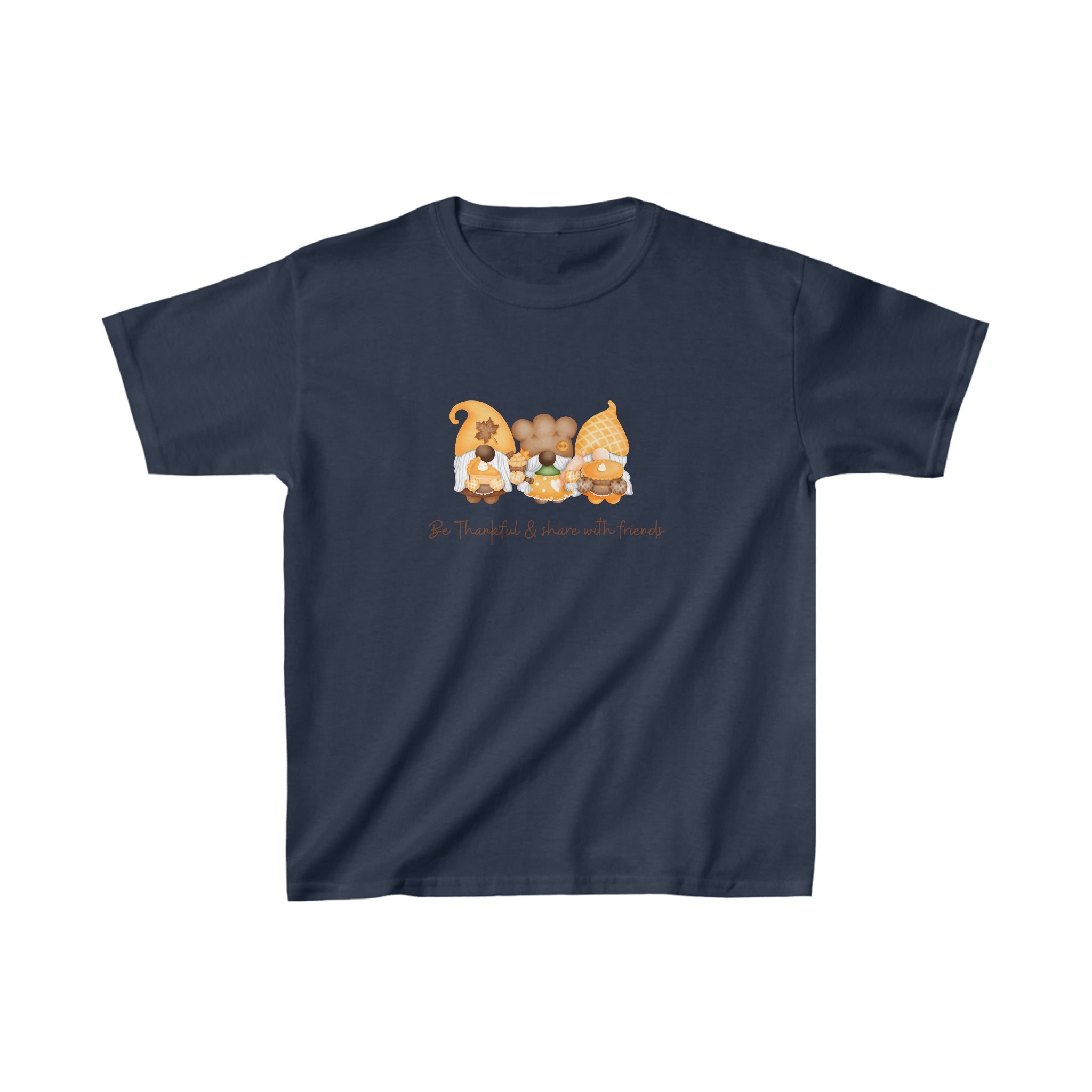 Youth unisex navy T-shirt with Gnome image, Be Thankful & Share with Friends.