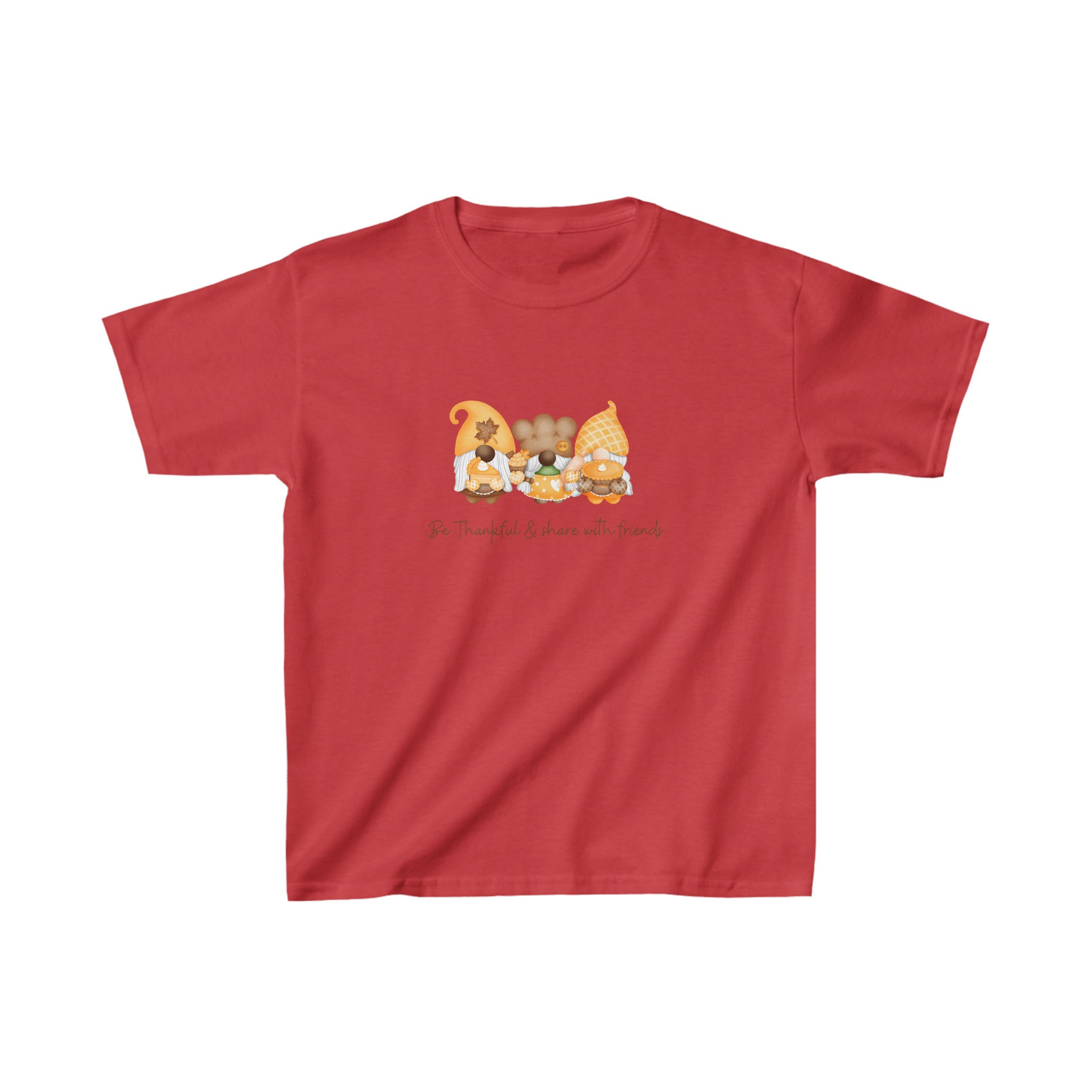 Youth unisex red T-shirt with Gnome image, Be Thankful & Share with Friends.