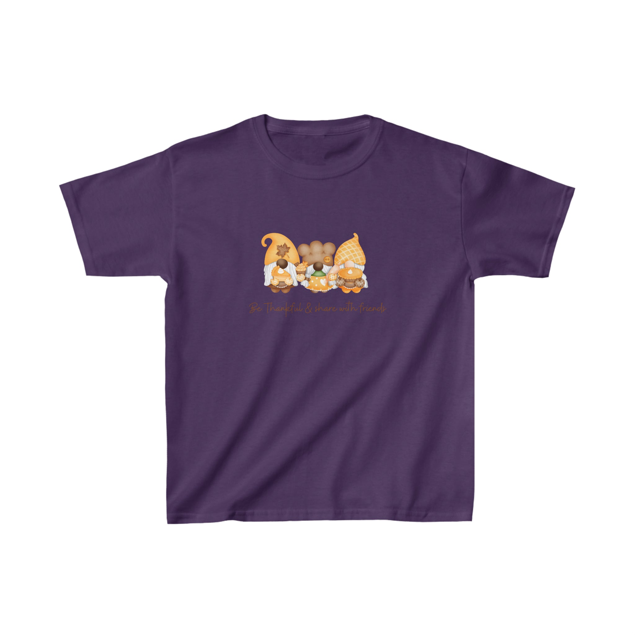 Youth unisex purple T-shirt with Gnome image, Be Thankful & Share with Friends.