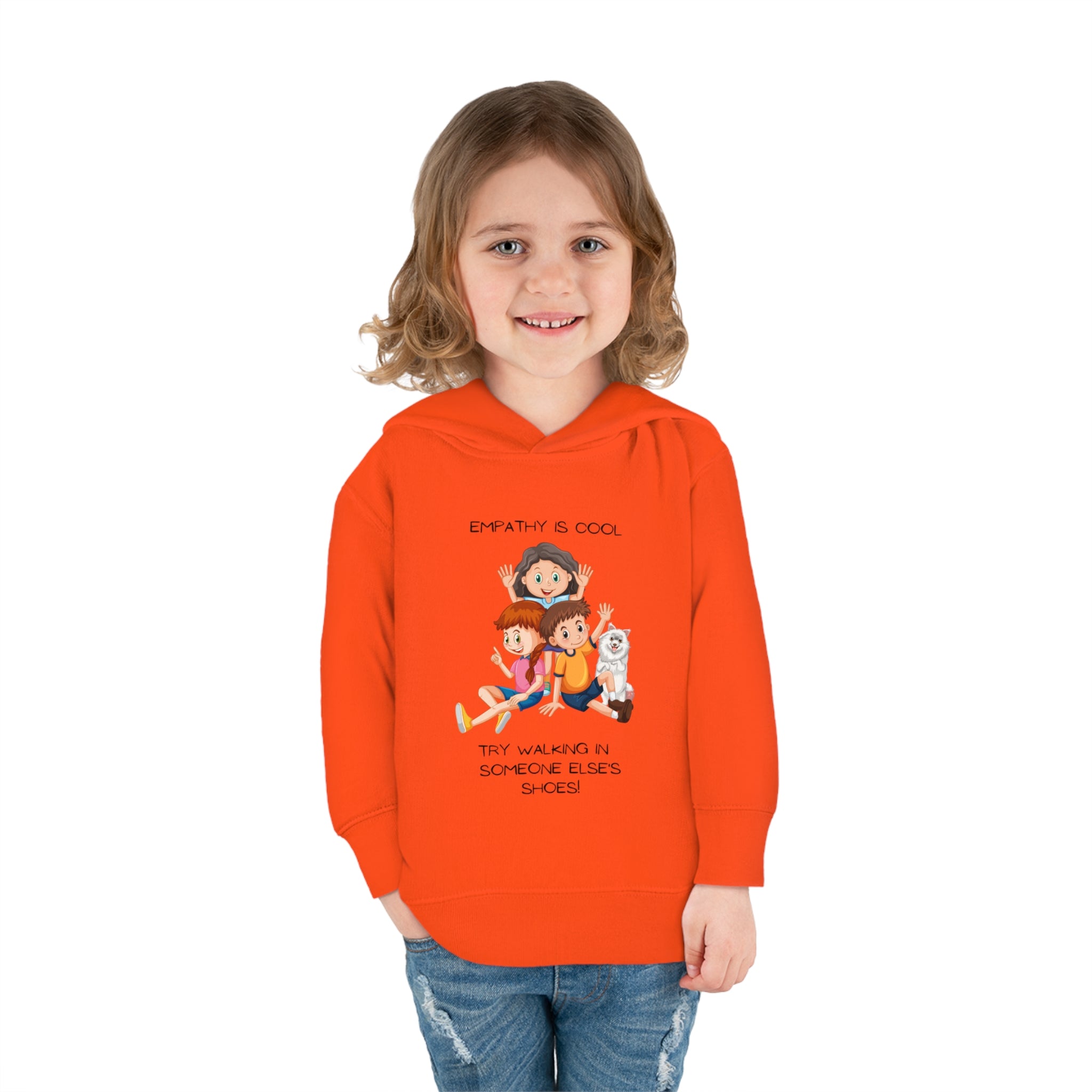 Toddler girl wearing orange hoodie " Empathy Is Cool Try Walking In Someone Else's Shoes" Inspired message on front.