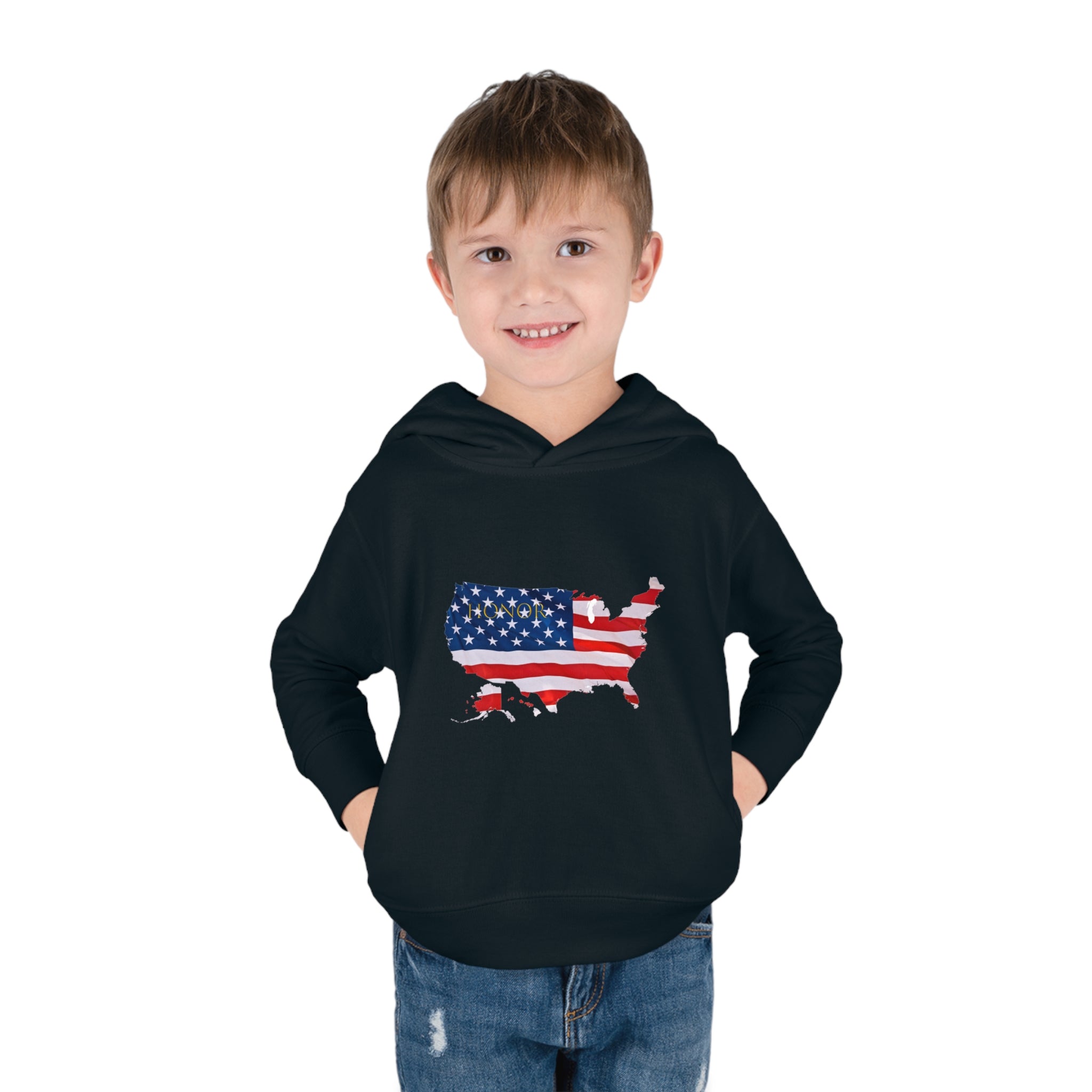 Toddler Boy wearing black Hoodie with "Honor USA" inspired American as a Flag graphic on front.