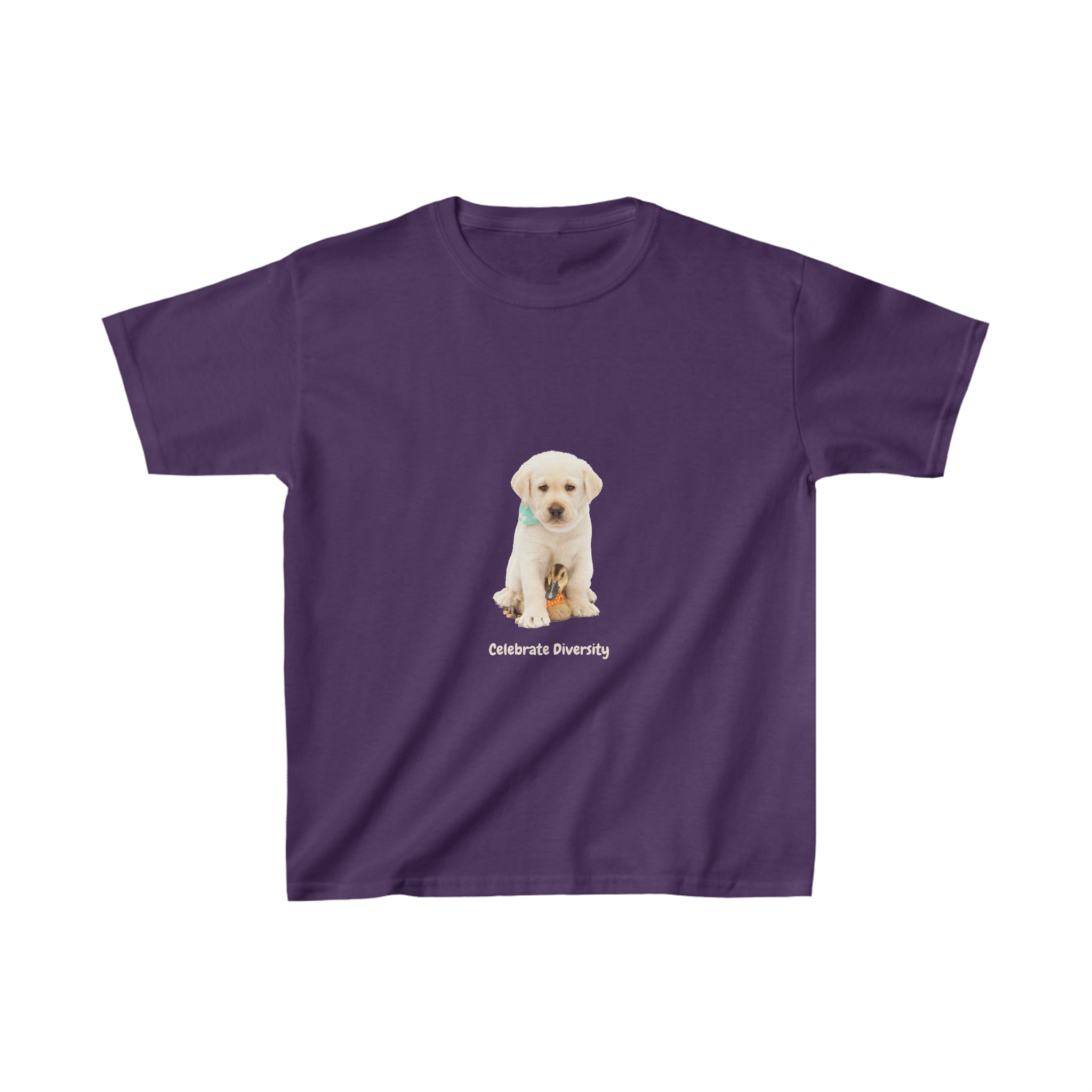 Youth unisex  purple T-Shirt with "Celebrate Diversity" inspired graphic with puppy and duck on front.